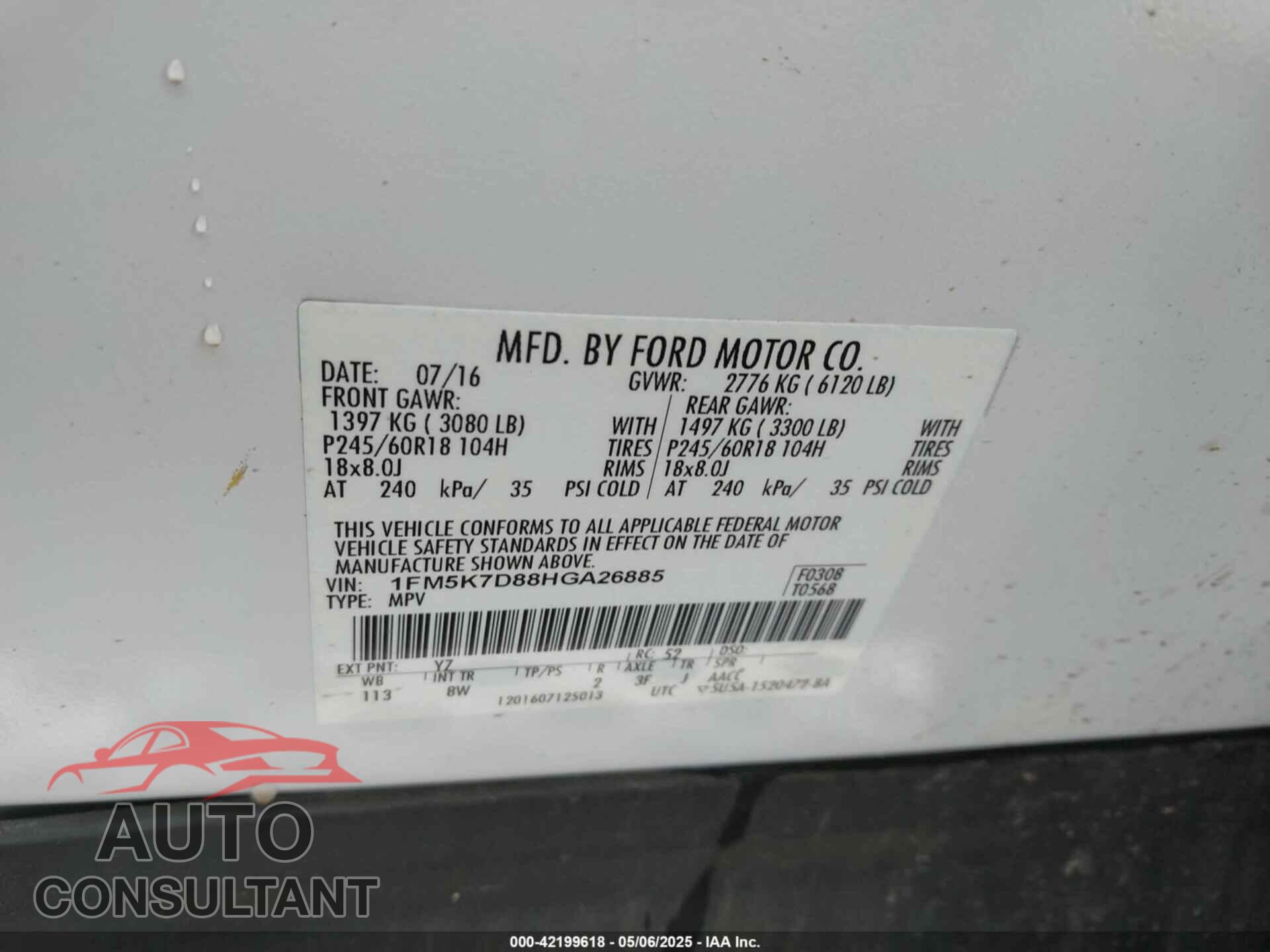 FORD EXPLORER 2017 - 1FM5K7D88HGA26885