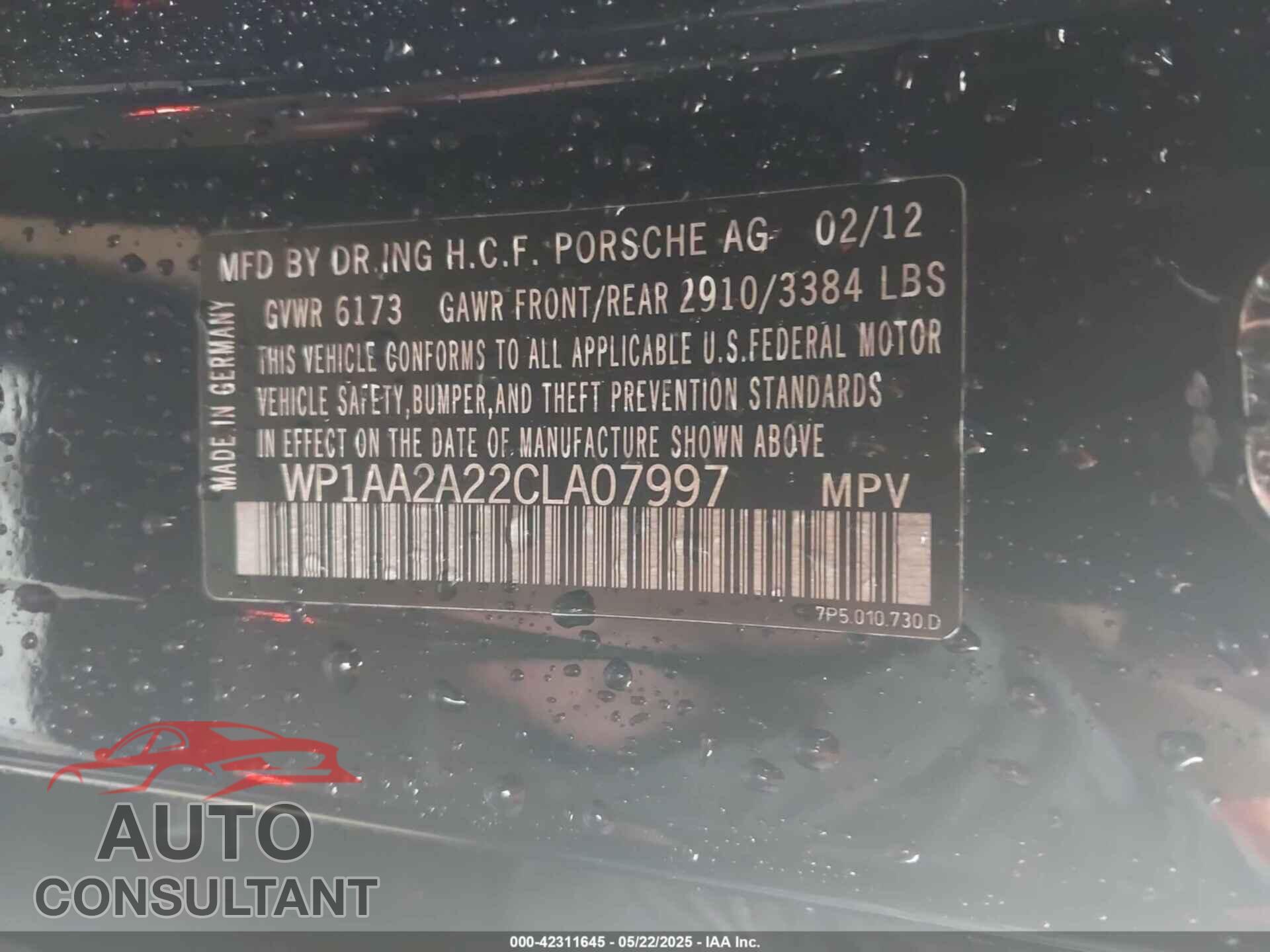 PORSCHE CAYENNE 2012 - WP1AA2A22CLA07997