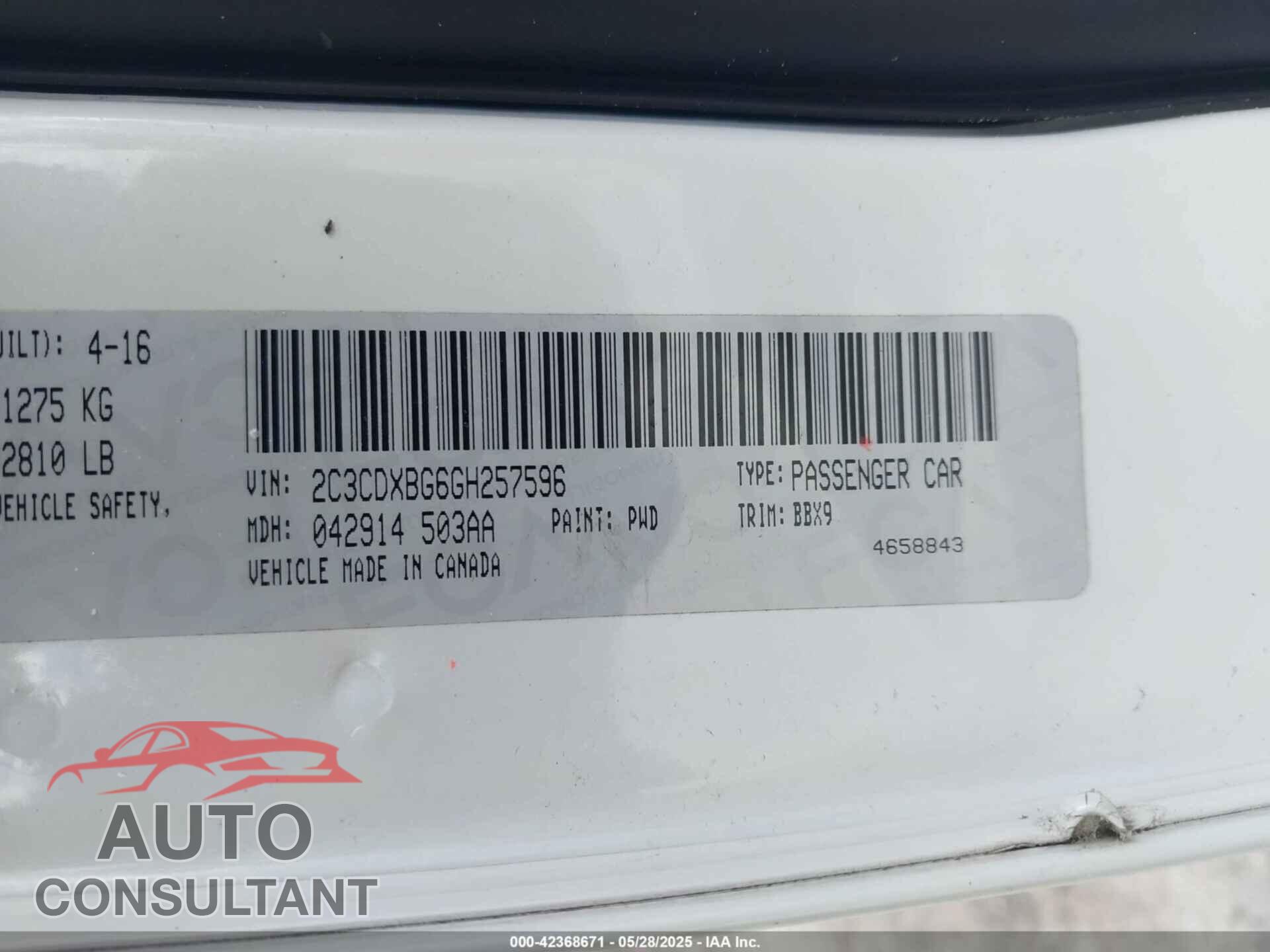 DODGE CHARGER 2016 - 2C3CDXBG6GH257596