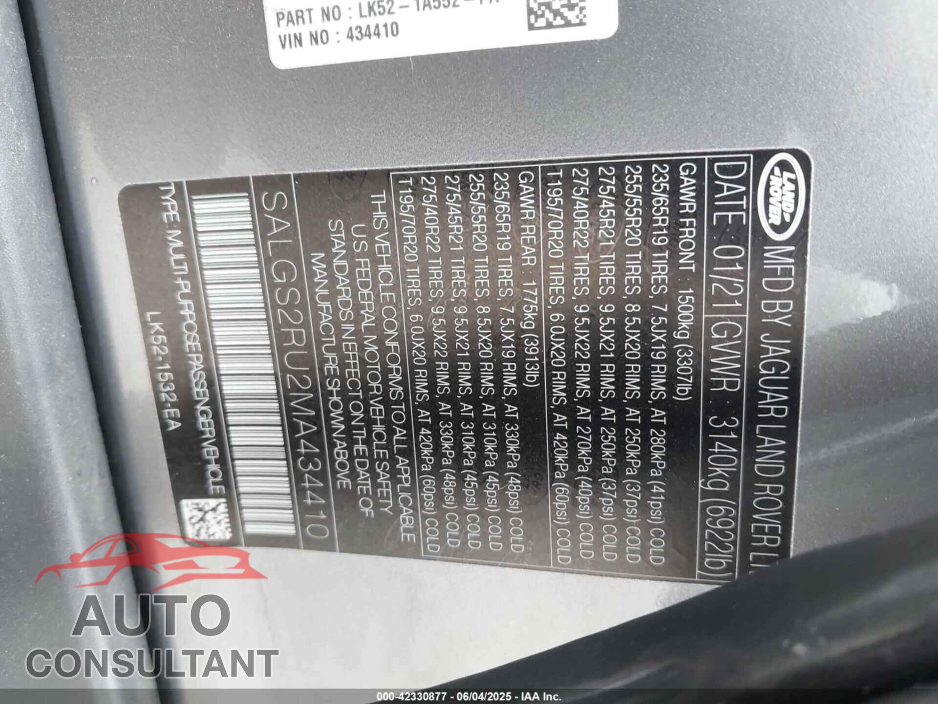 LAND ROVER RANGE ROVER 2021 - SALGS2RU2MA434410