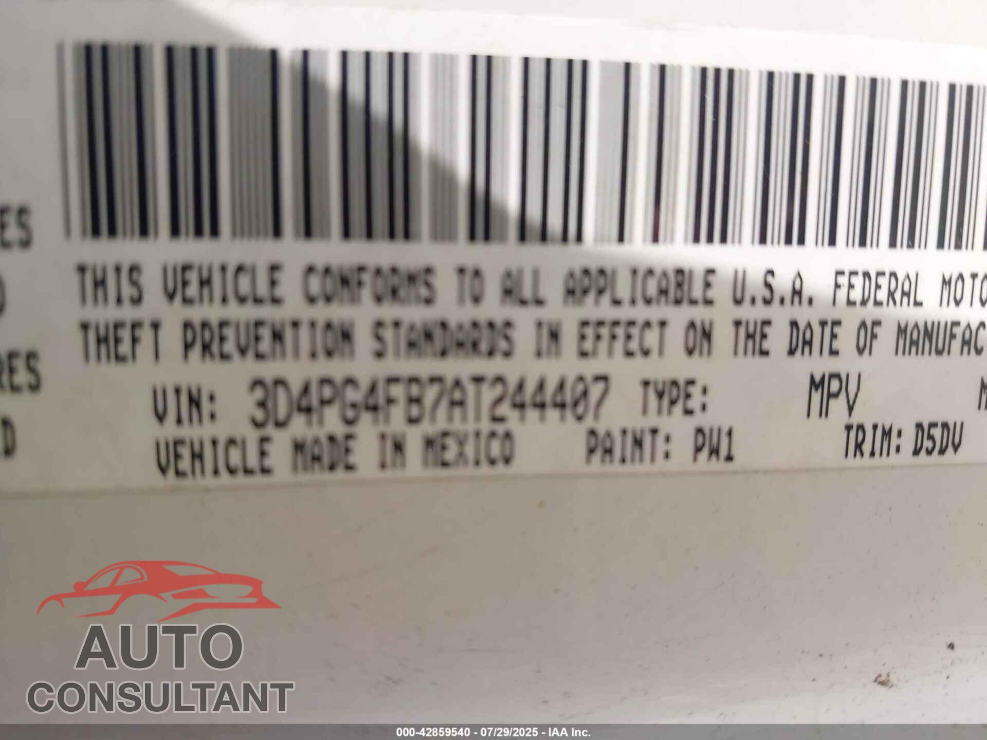 DODGE JOURNEY 2010 - 3D4PG4FB7AT244407