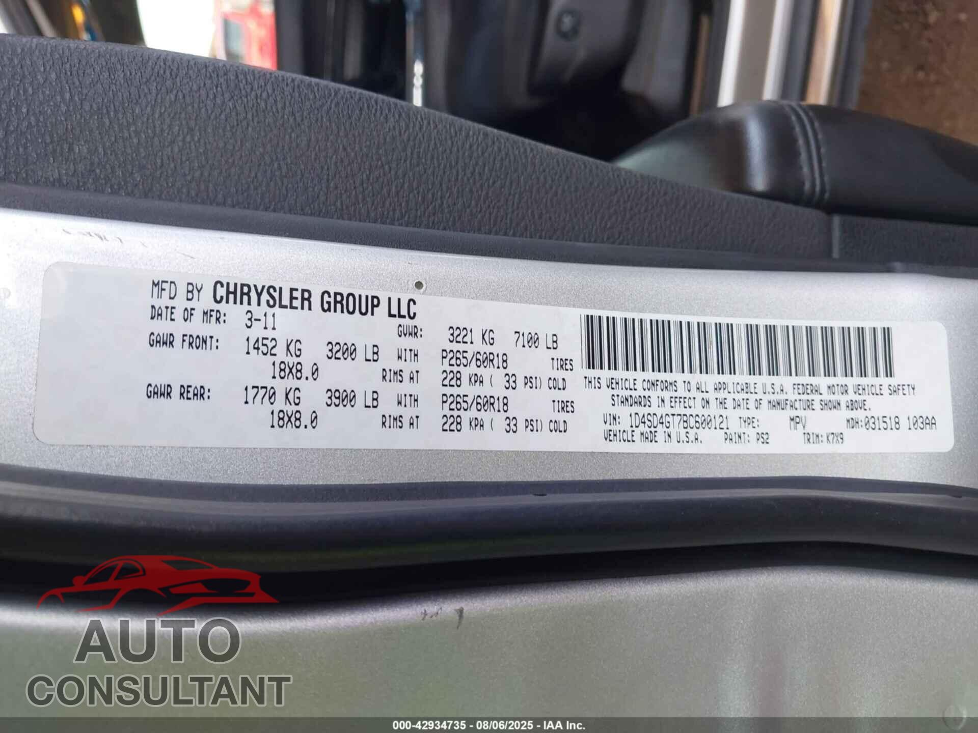 DODGE DURANGO 2011 - 1D4SD4GT7BC600121