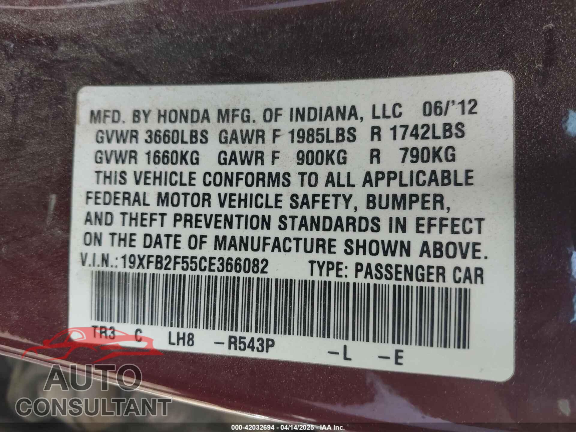 HONDA CIVIC 2012 - 19XFB2F55CE366082