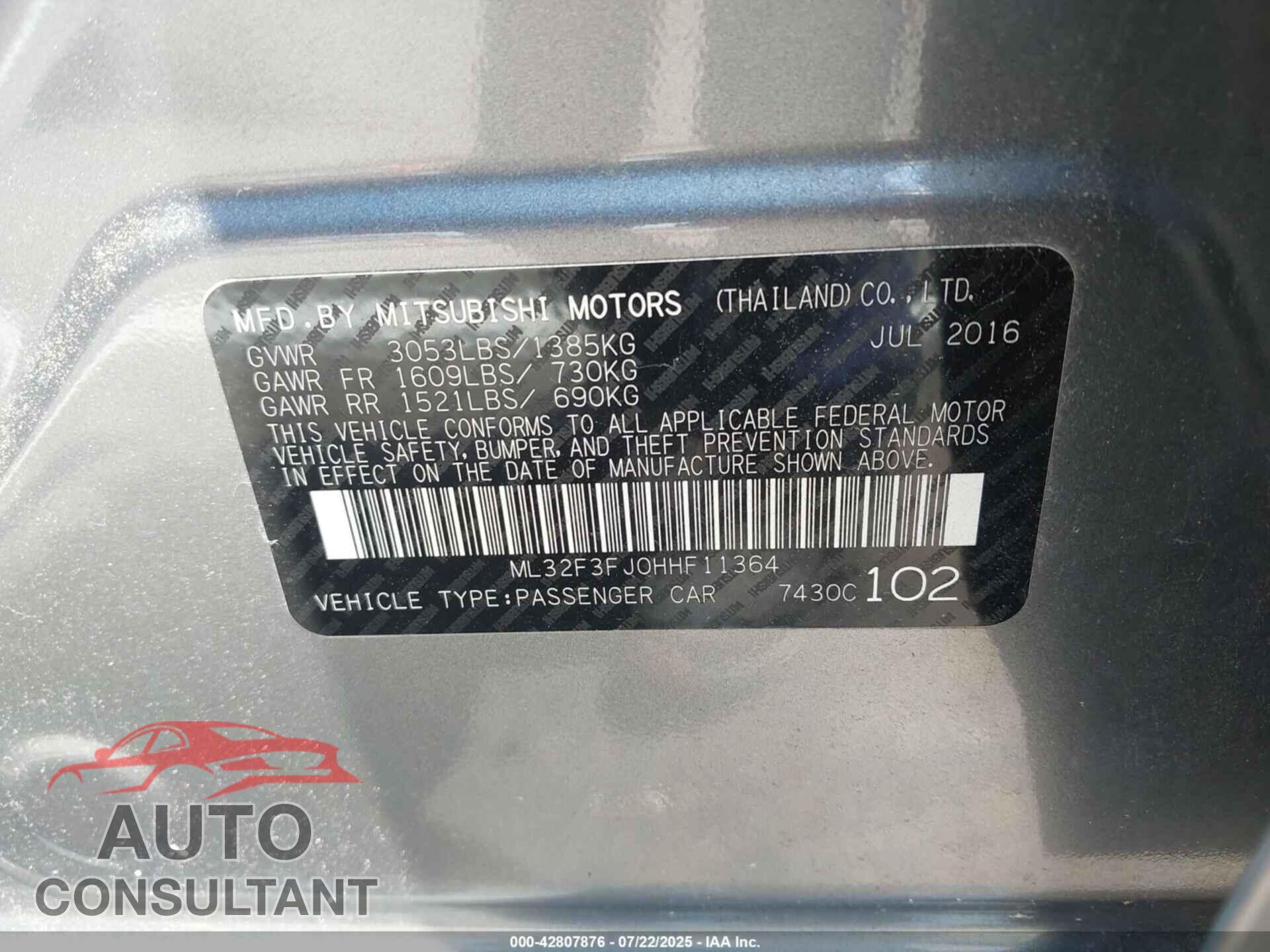 MITSUBISHI MIRAGE G4 2017 - ML32F3FJ0HHF11364