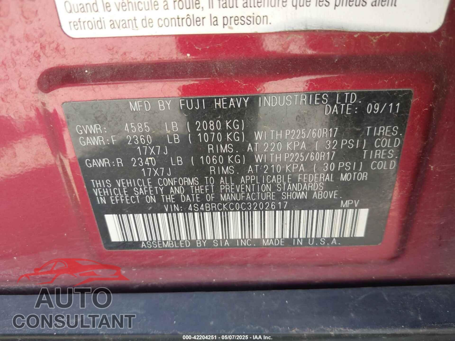 SUBARU OUTBACK 2012 - 4S4BRCKC0C3202617
