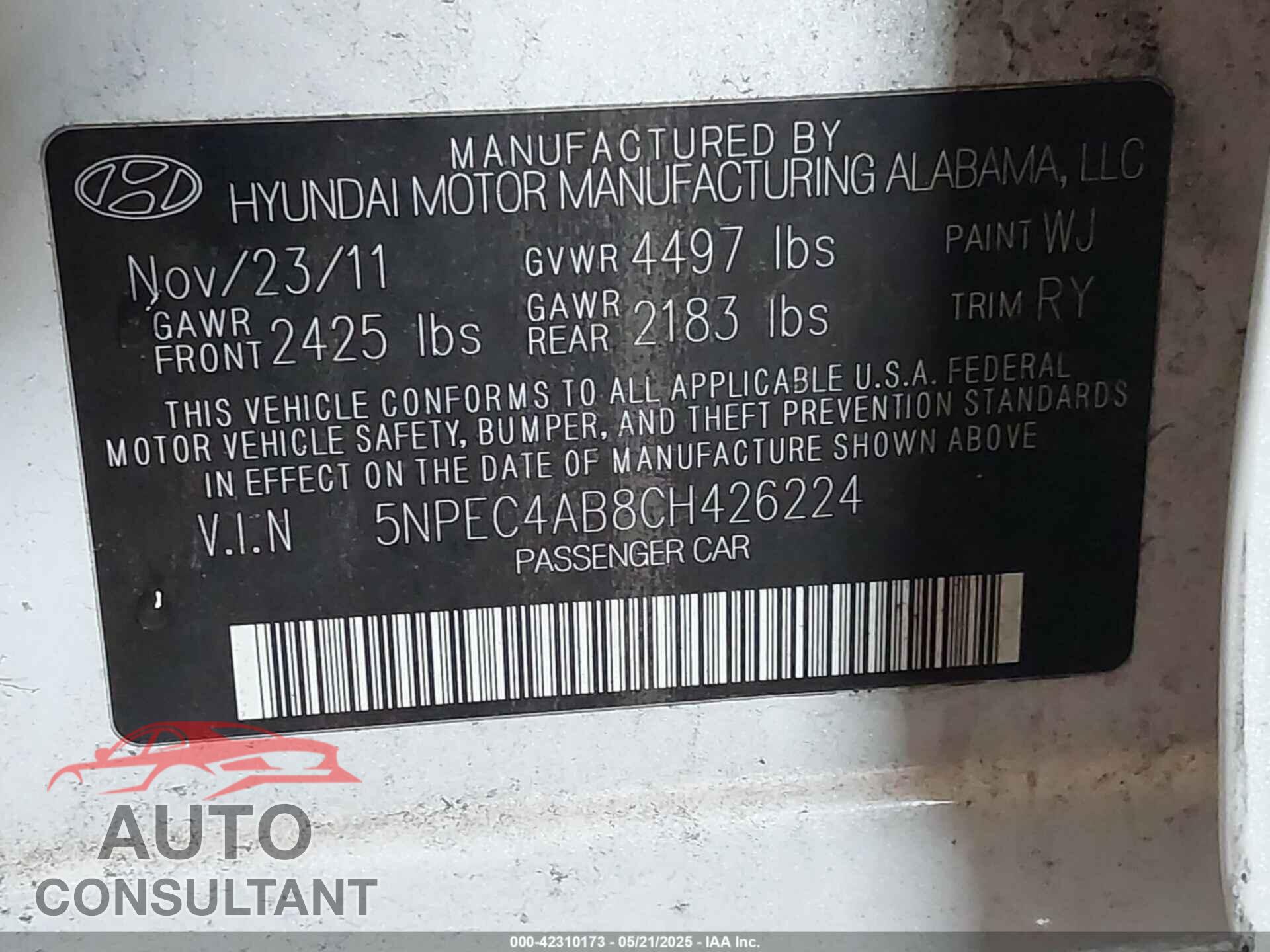 HYUNDAI SONATA 2012 - 5NPEC4AB8CH426224