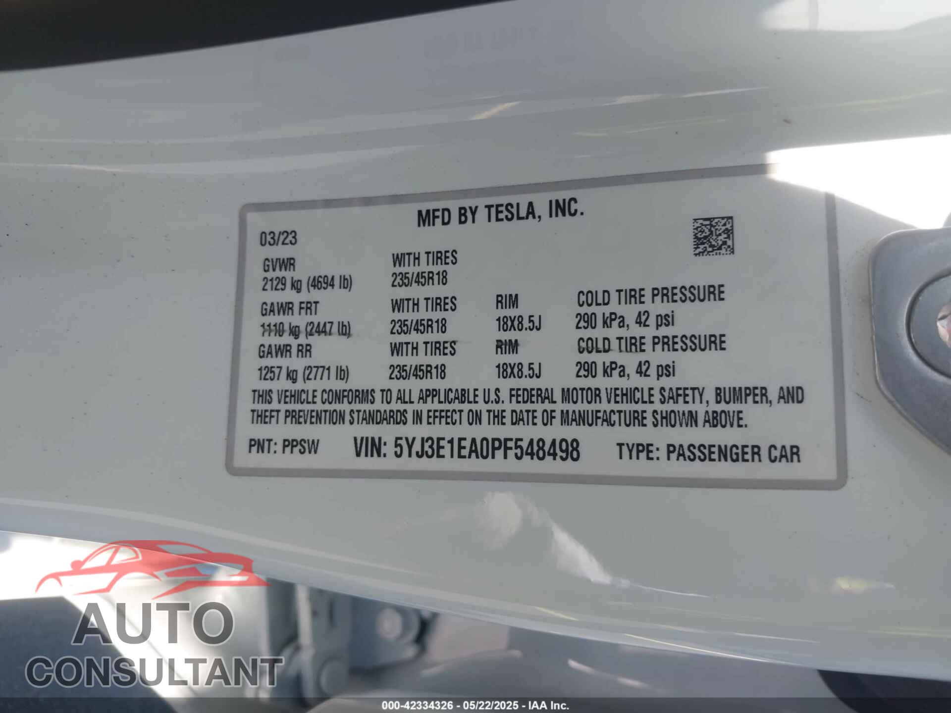 TESLA MODEL 3 2023 - 5YJ3E1EA0PF548498