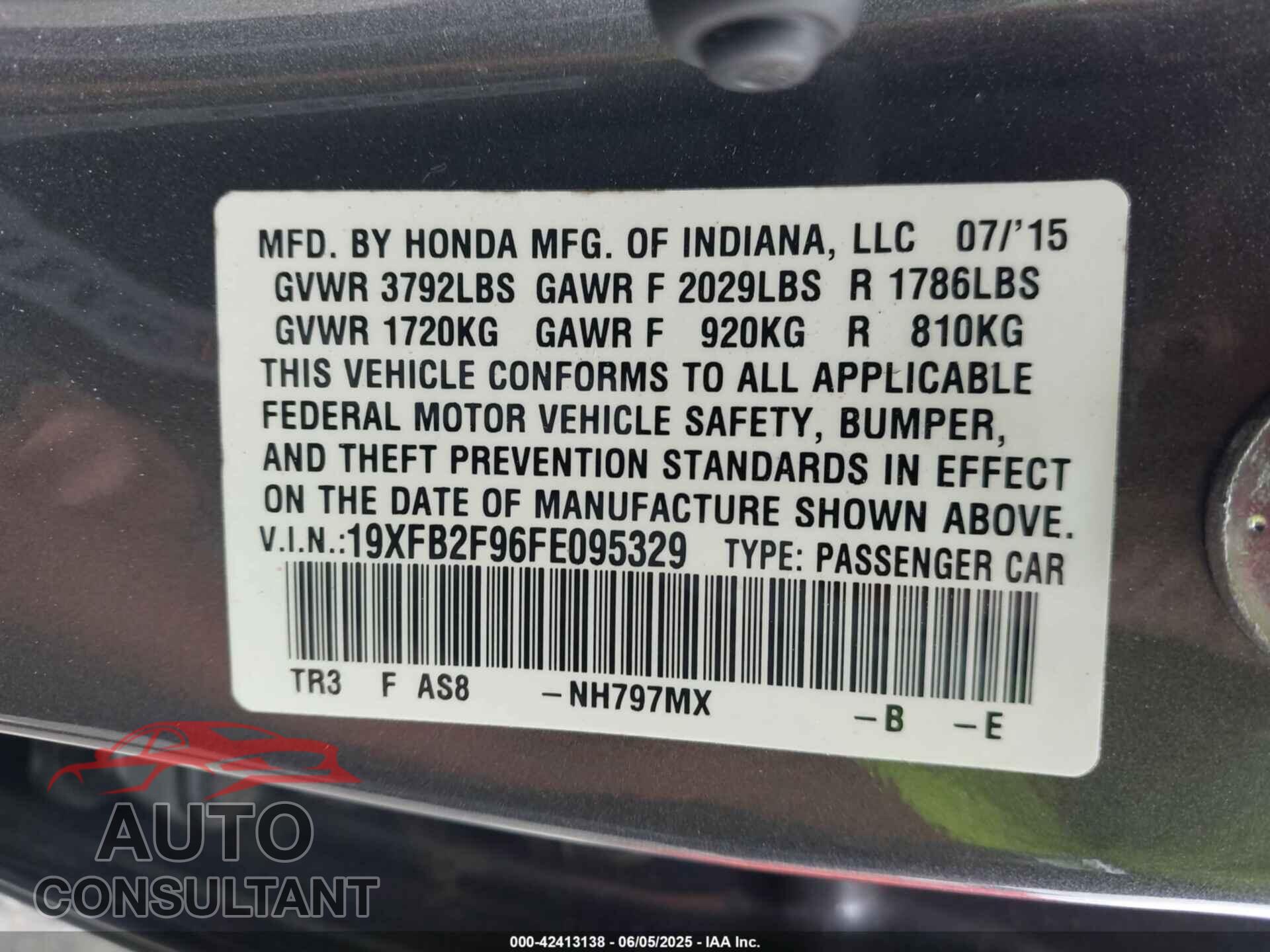 HONDA CIVIC 2015 - 19XFB2F96FE095329