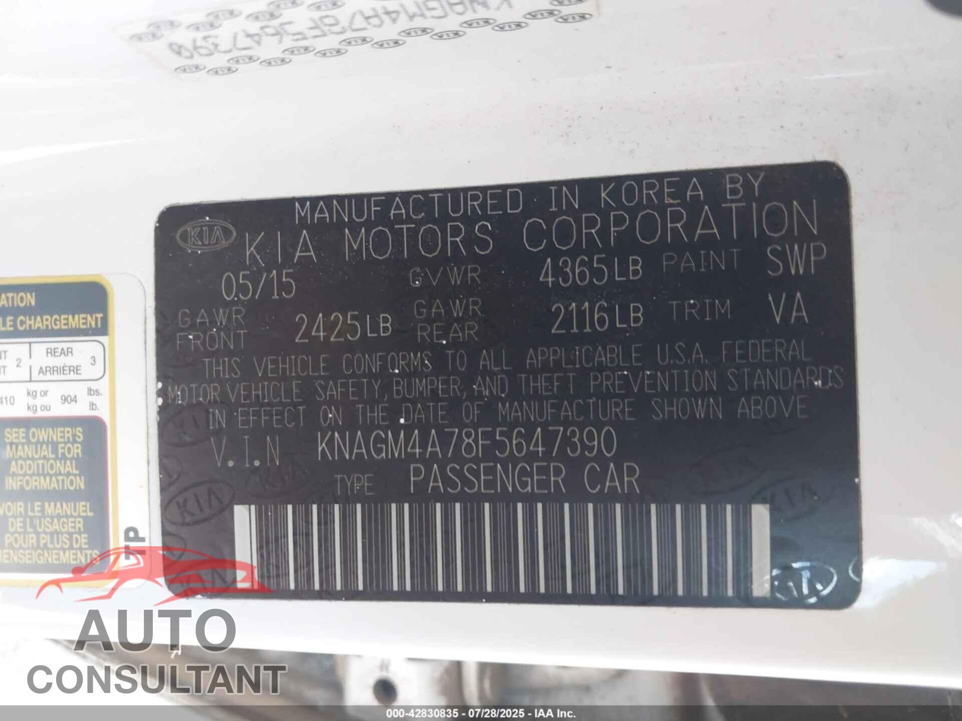 KIA OPTIMA 2015 - KNAGM4A78F5647390
