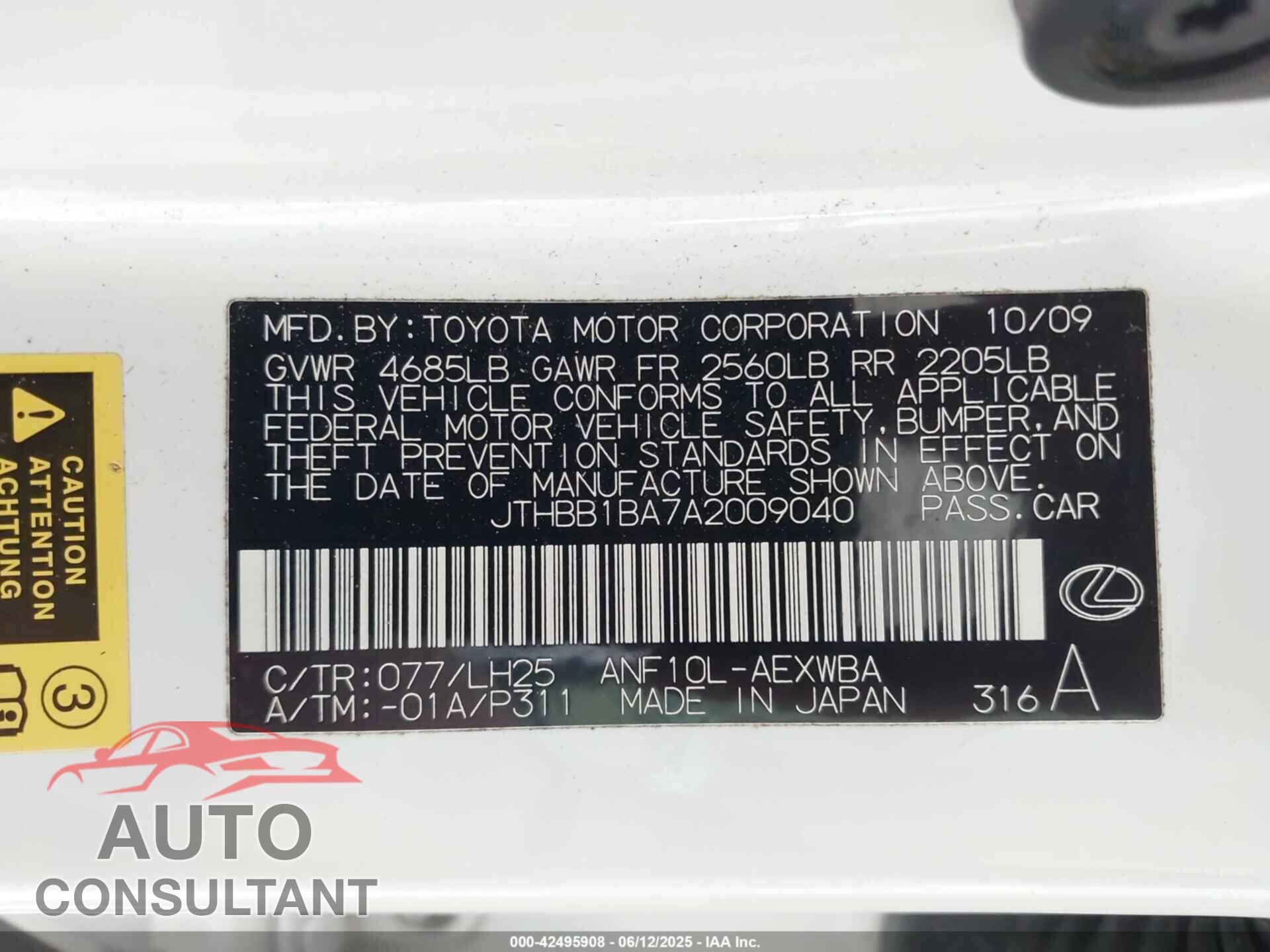 LEXUS HS 250H 2010 - JTHBB1BA7A2009040