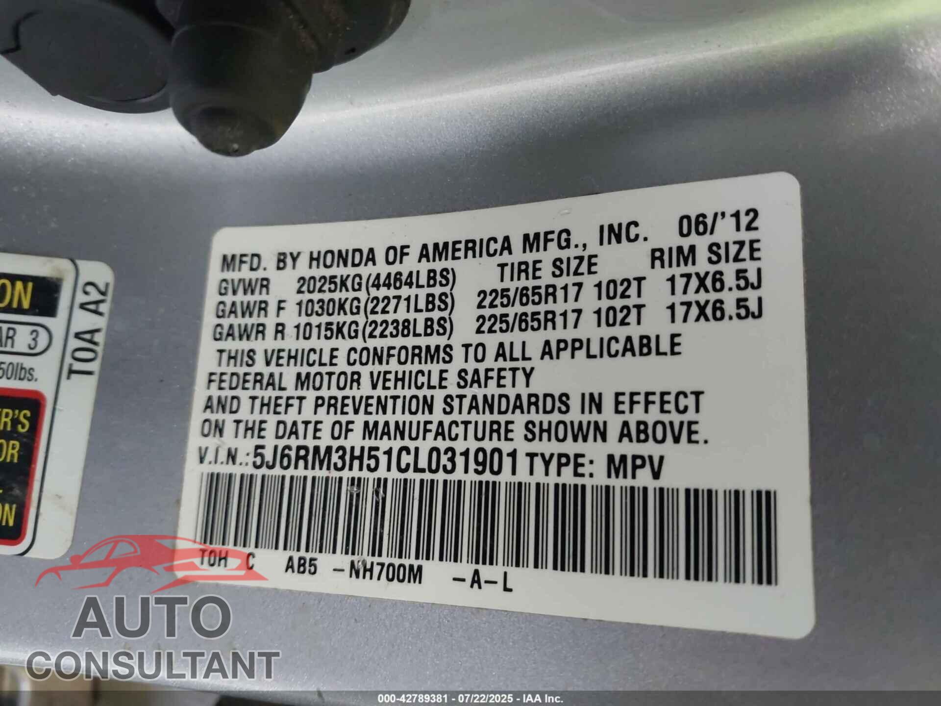 HONDA CR-V 2012 - 5J6RM3H51CL031901