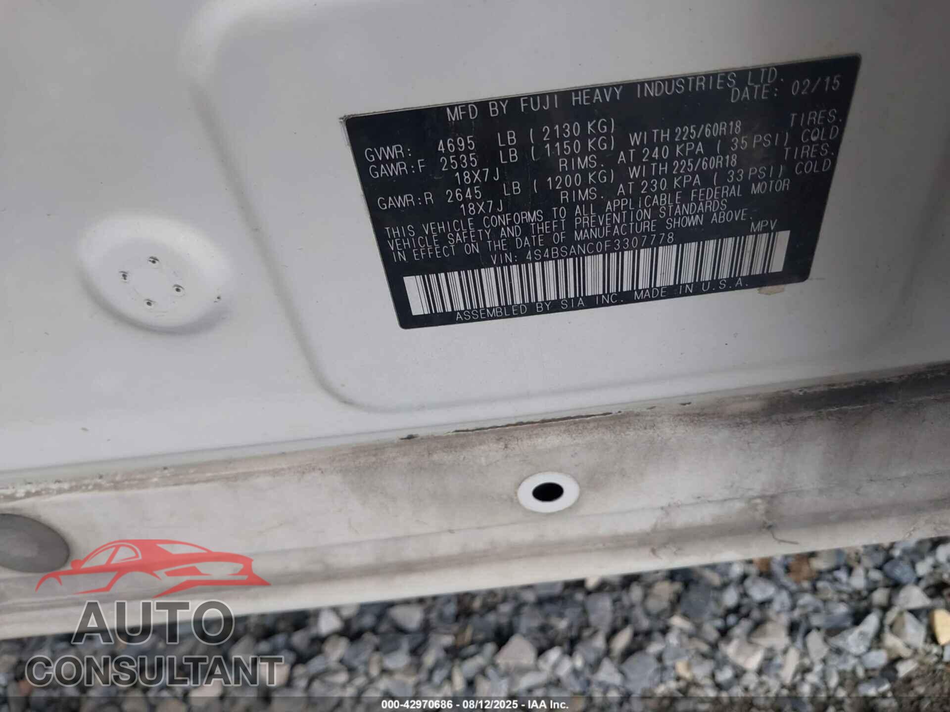 SUBARU OUTBACK 2015 - 4S4BSANC0F3307778