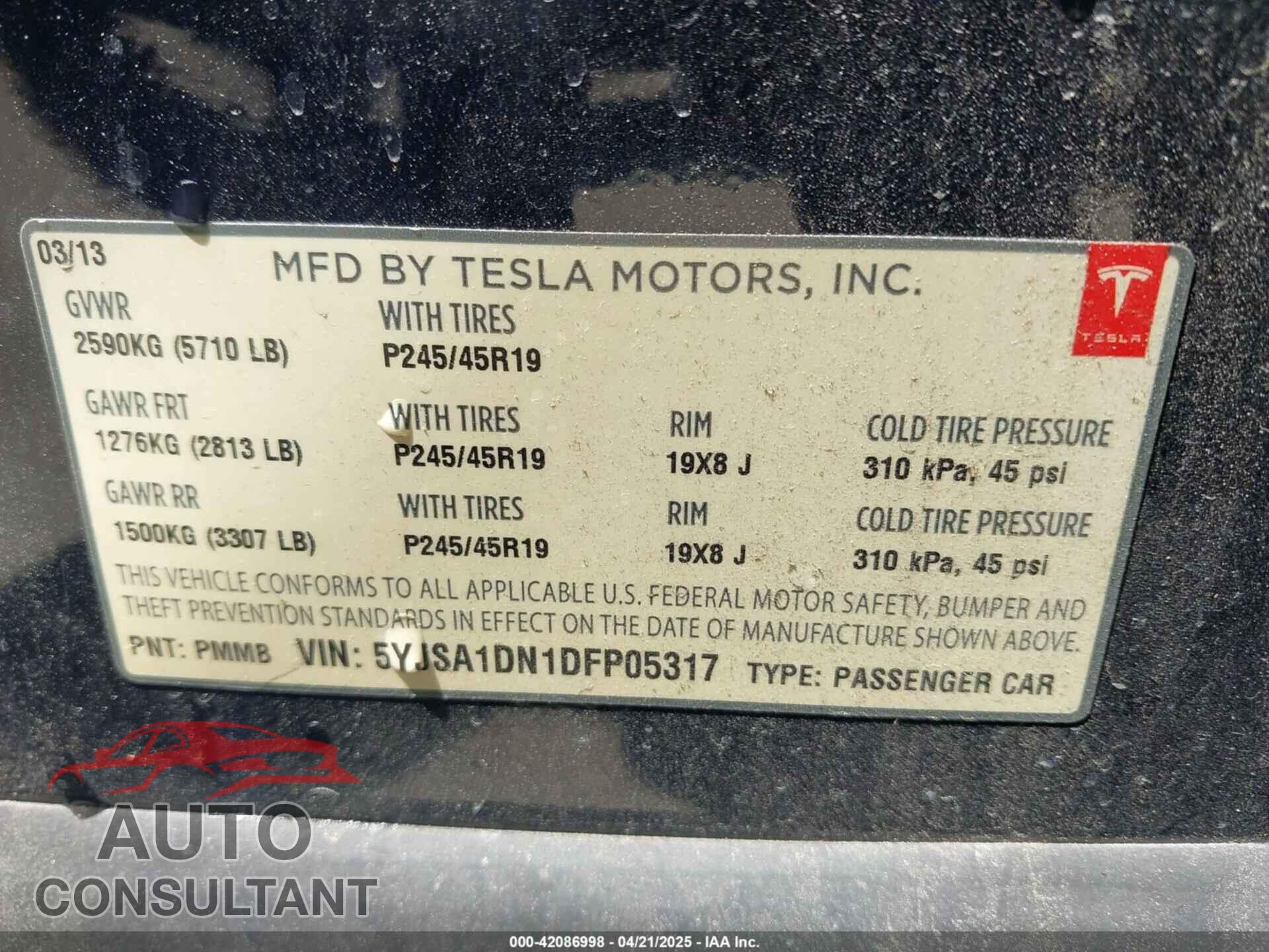 TESLA MODEL S 2013 - 5YJSA1DN1DFP05317