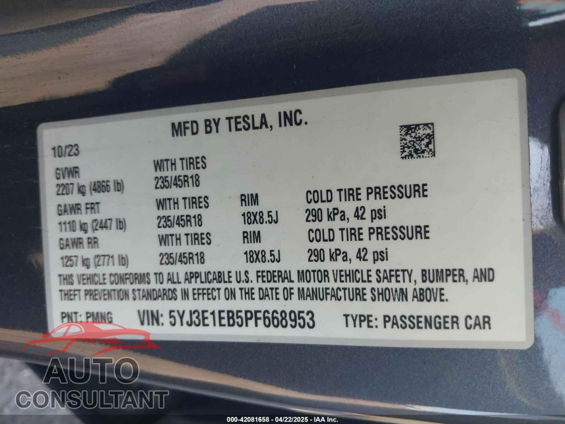 TESLA MODEL 3 2023 - 5YJ3E1EB5PF668953