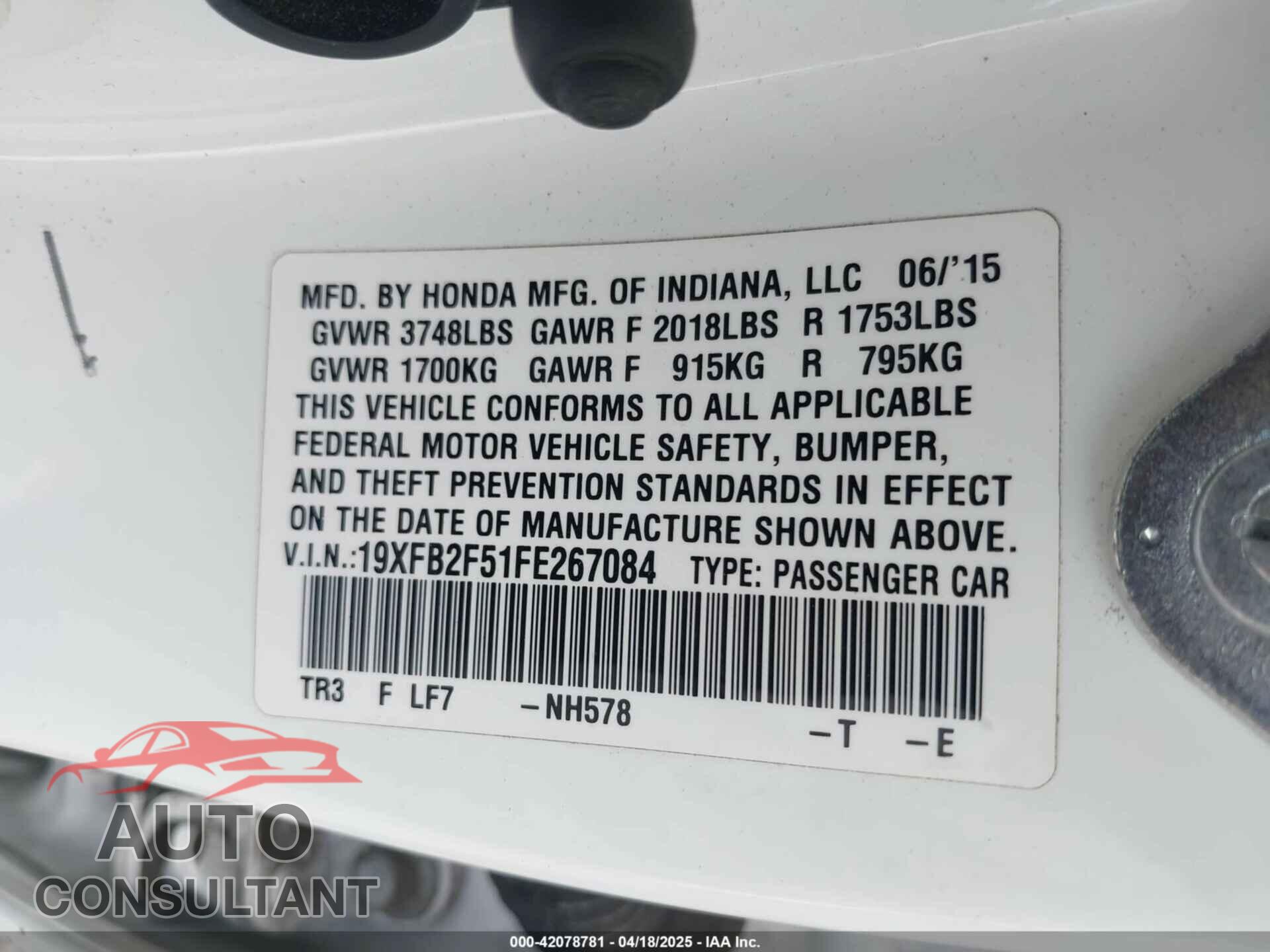 HONDA CIVIC 2015 - 19XFB2F51FE267084