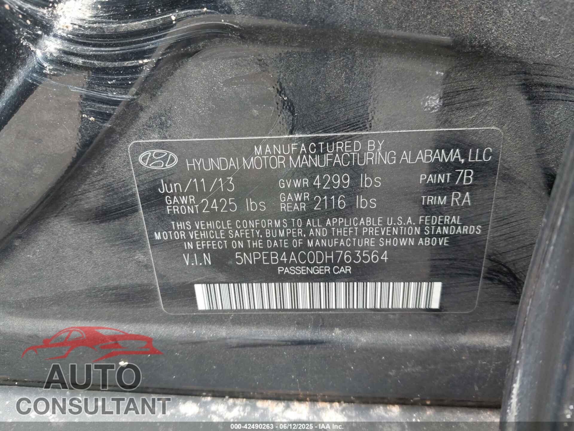 HYUNDAI SONATA 2013 - 5NPEB4AC0DH763564