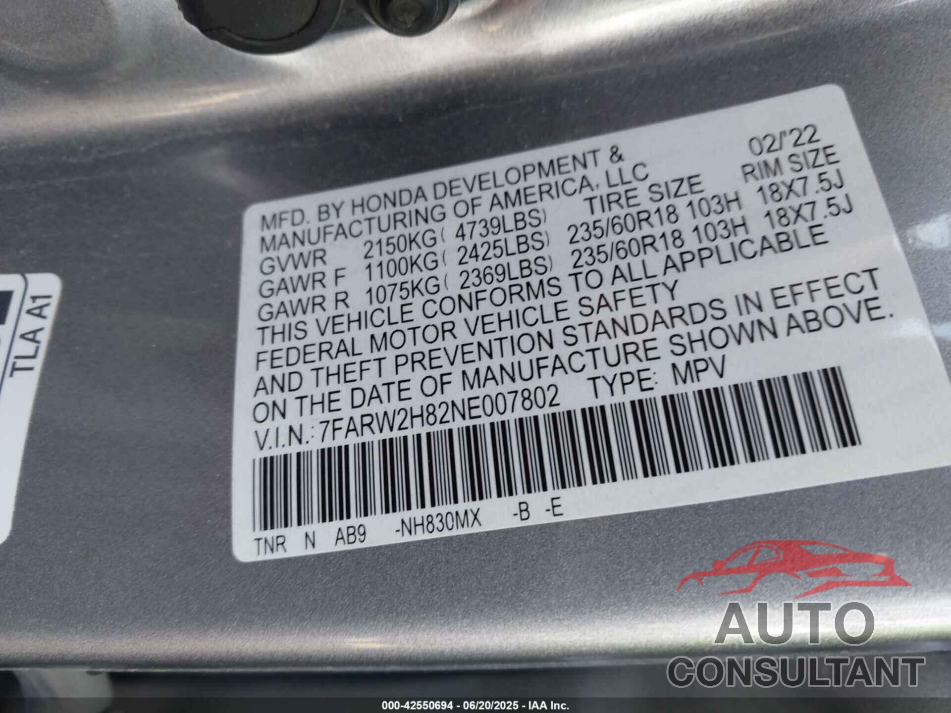 HONDA CR-V 2022 - 7FARW2H82NE007802