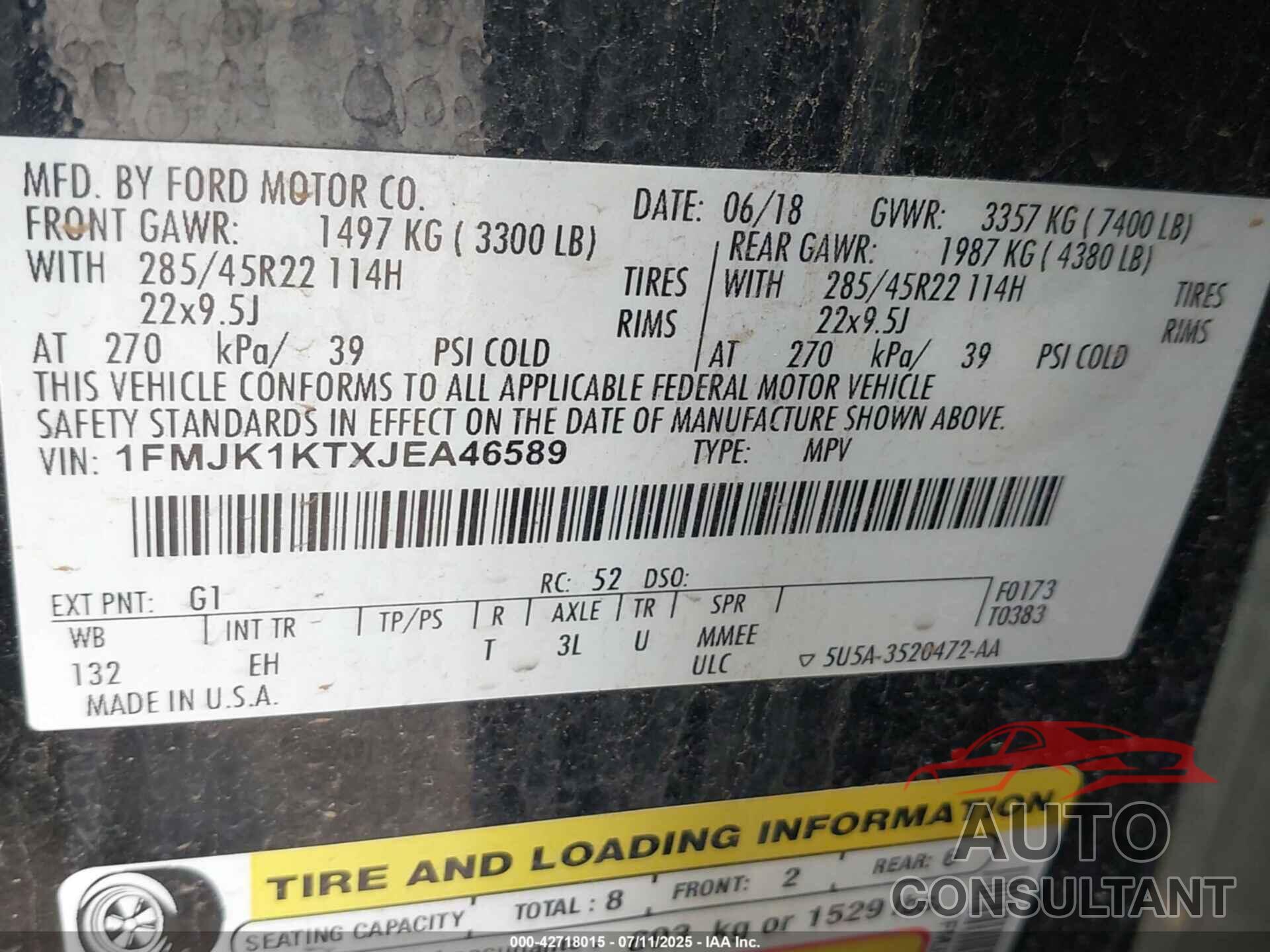 FORD EXPEDITION MAX 2018 - 1FMJK1KTXJEA46589