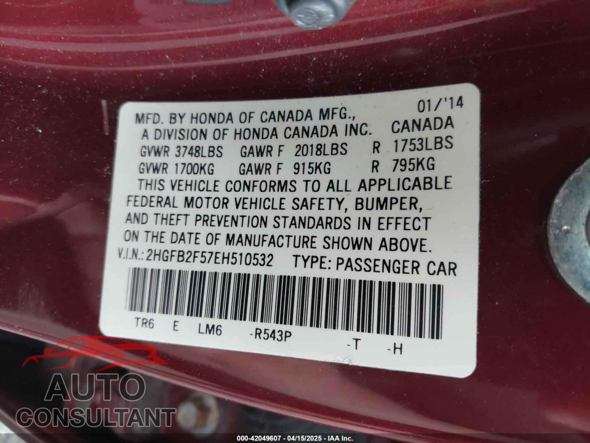 HONDA CIVIC 2014 - 2HGFB2F57EH510532