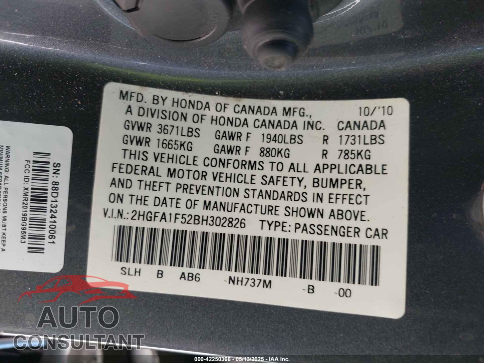 HONDA CIVIC 2011 - 2HGFA1F52BH302826