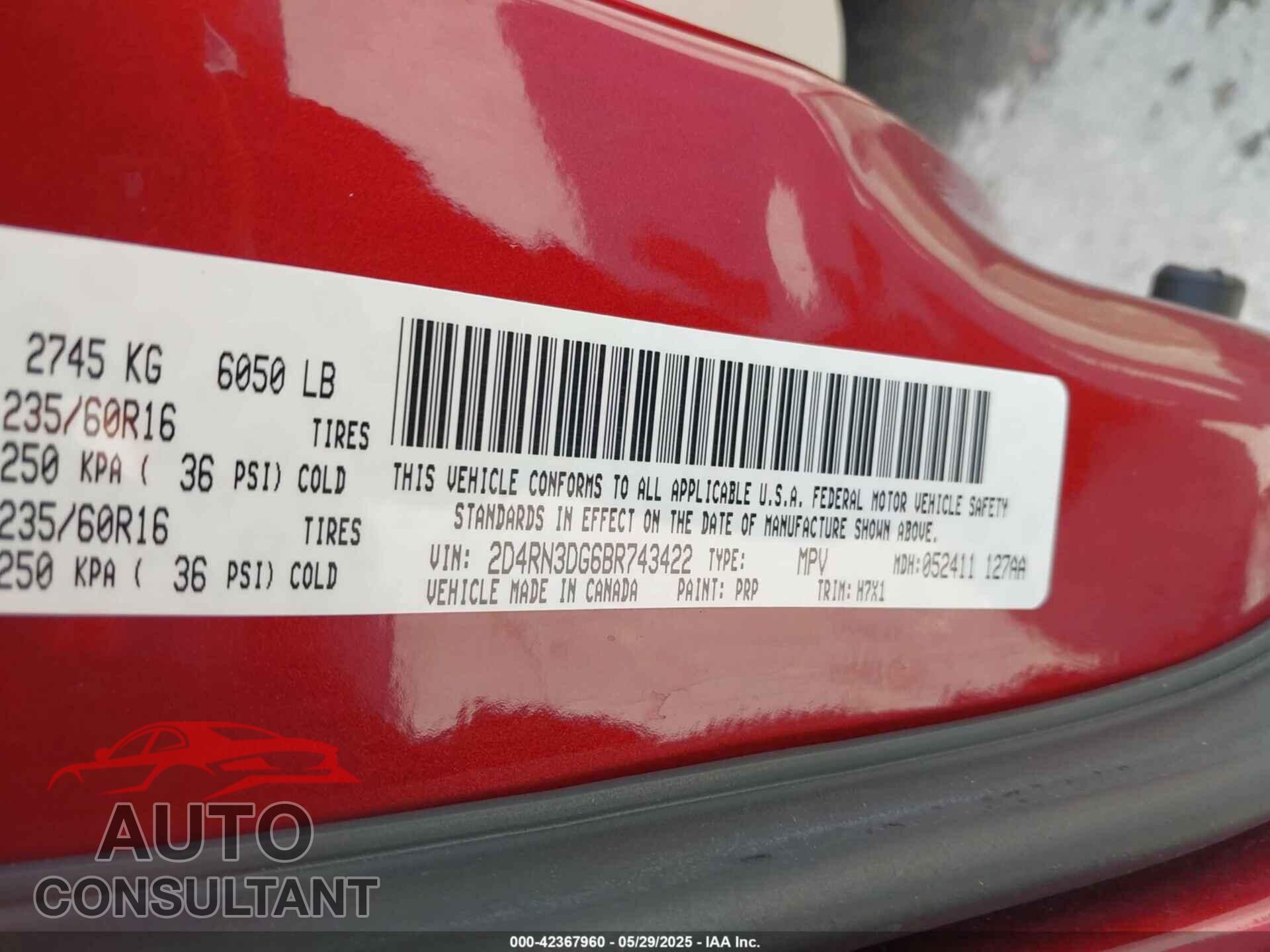 DODGE GRAND CARAVAN 2011 - 2D4RN3DG6BR743422