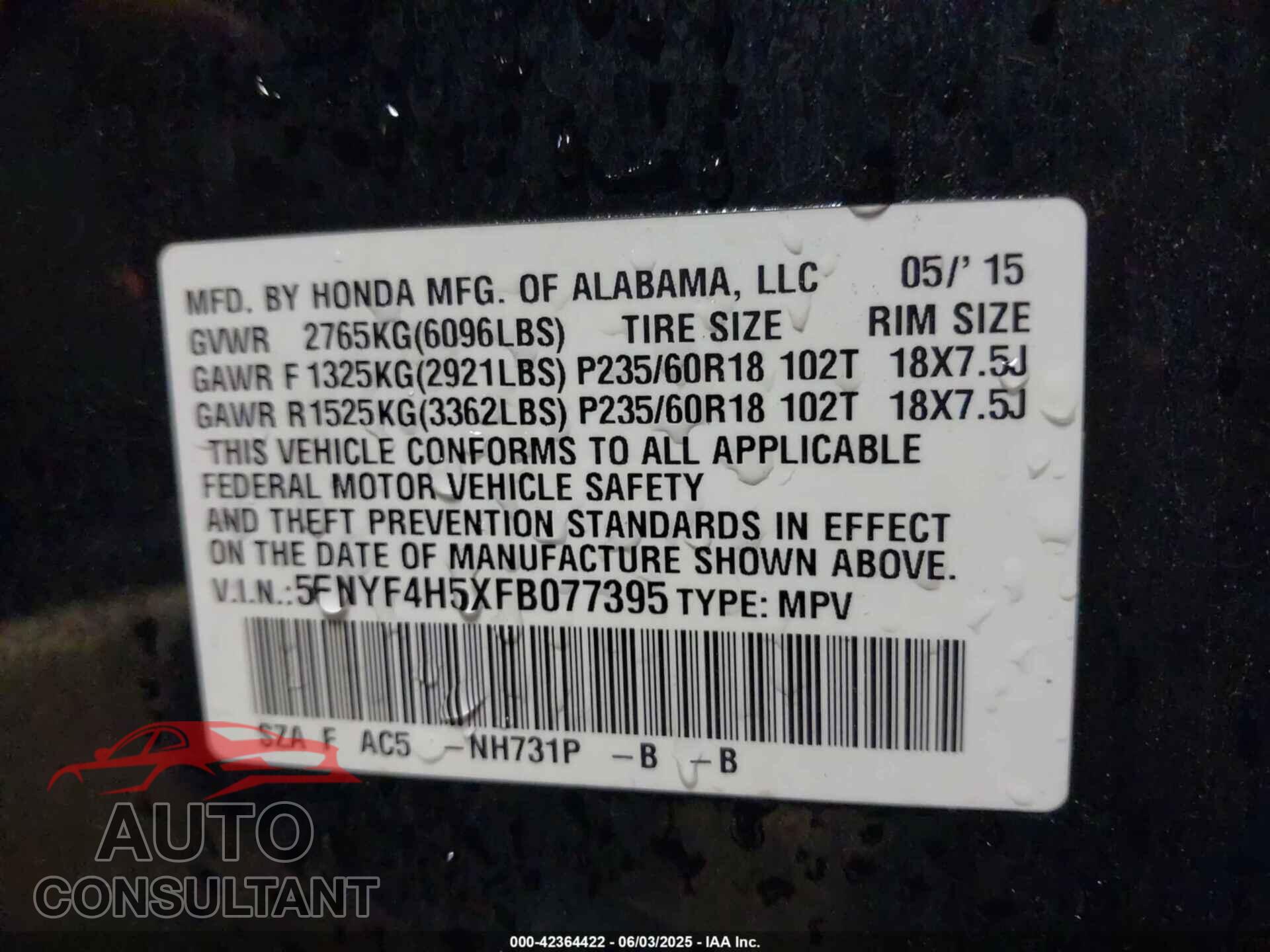 HONDA PILOT 2015 - 5FNYF4H5XFB077395