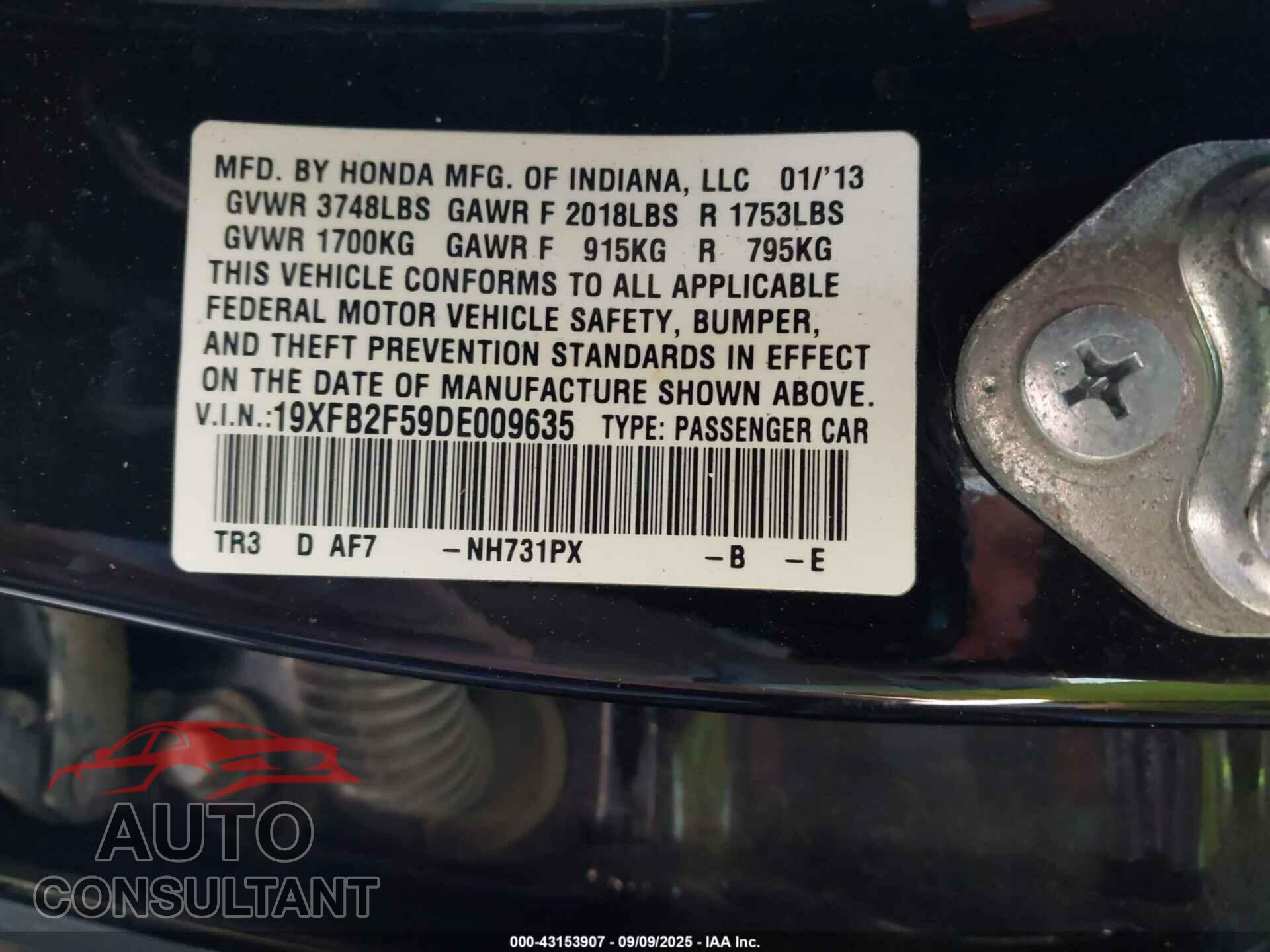 HONDA CIVIC 2013 - 19XFB2F59DE009635