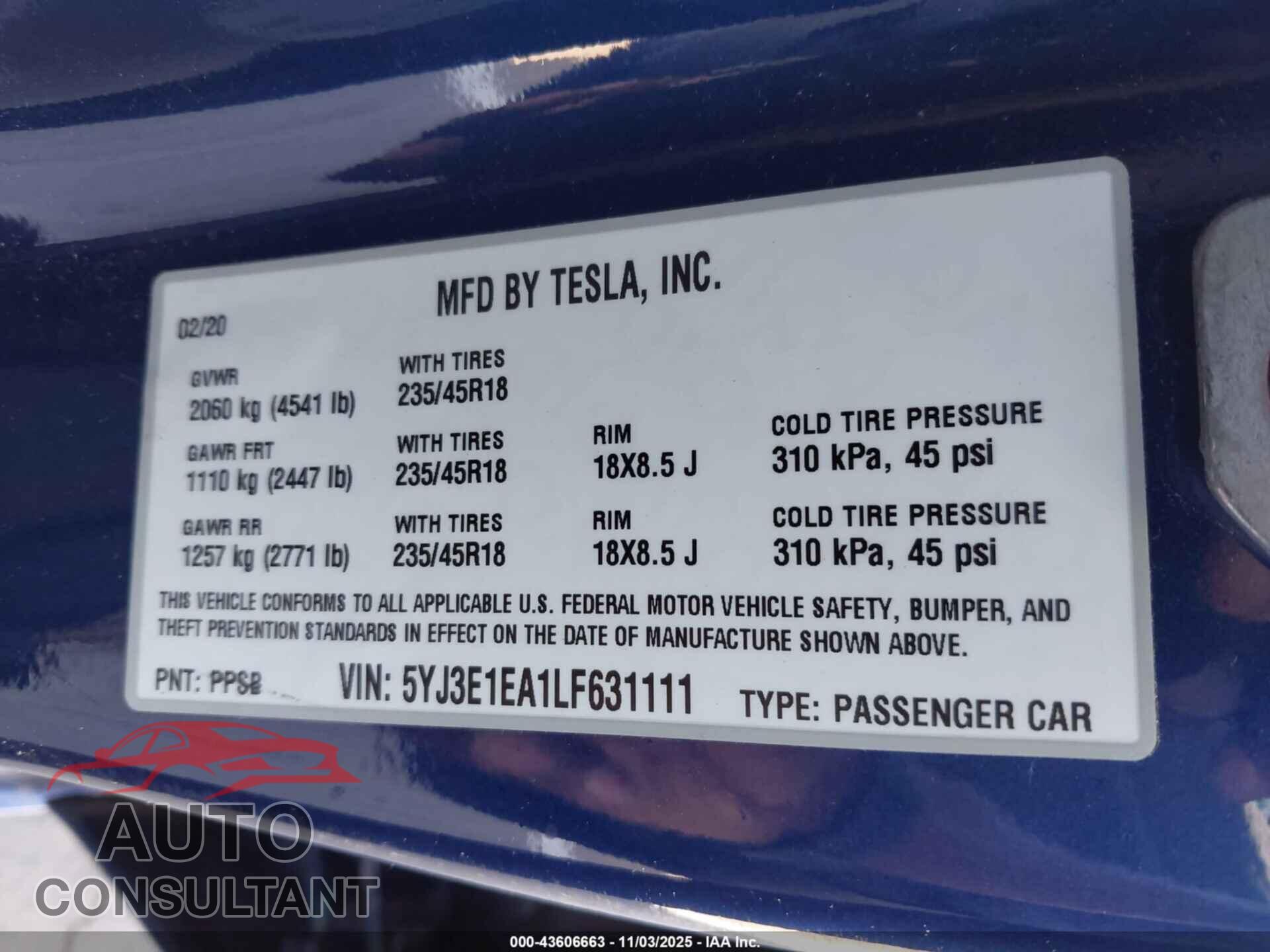 TESLA MODEL 3 2020 - 5YJ3E1EA1LF631111