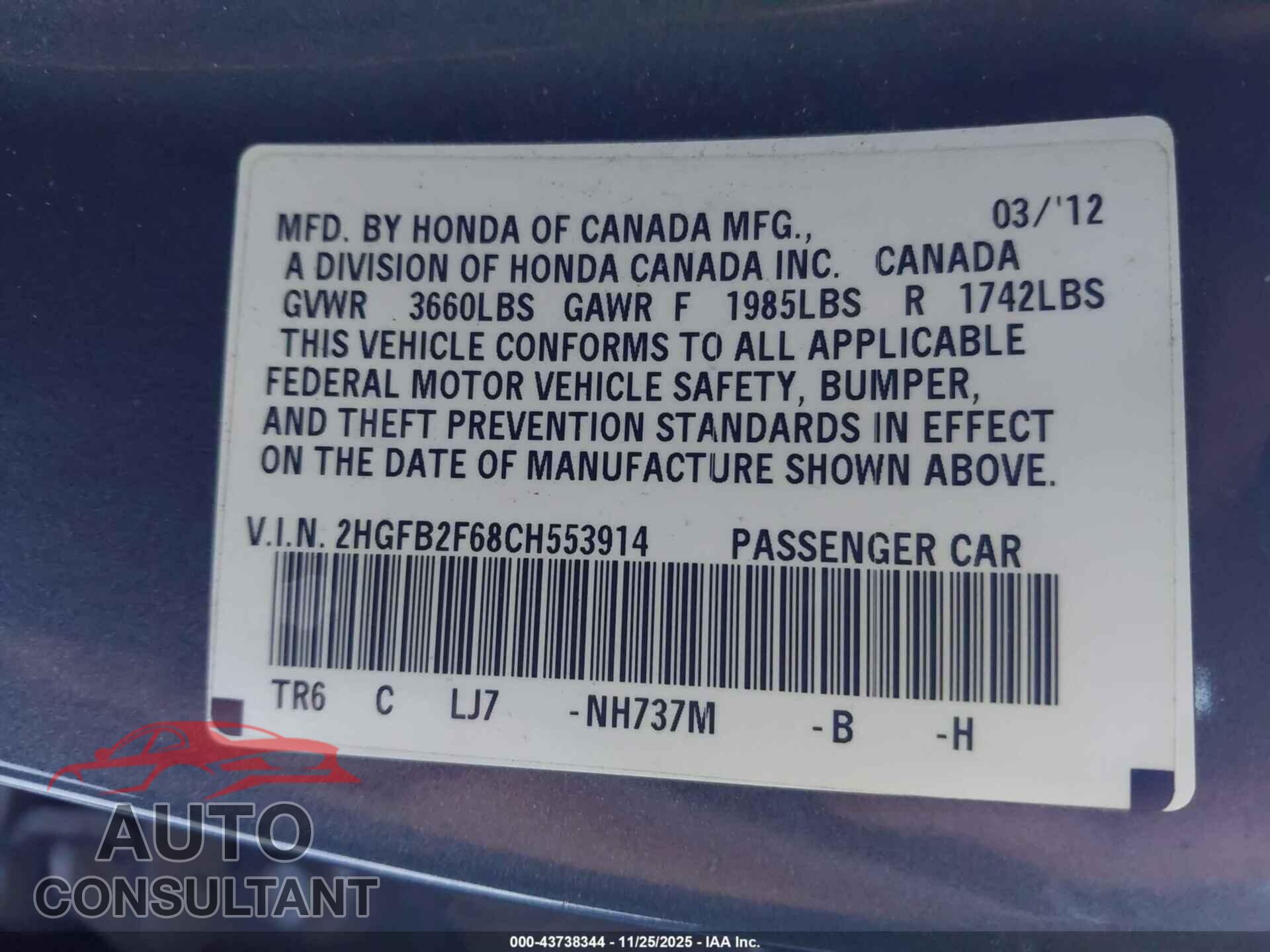 HONDA CIVIC 2012 - 2HGFB2F68CH553914