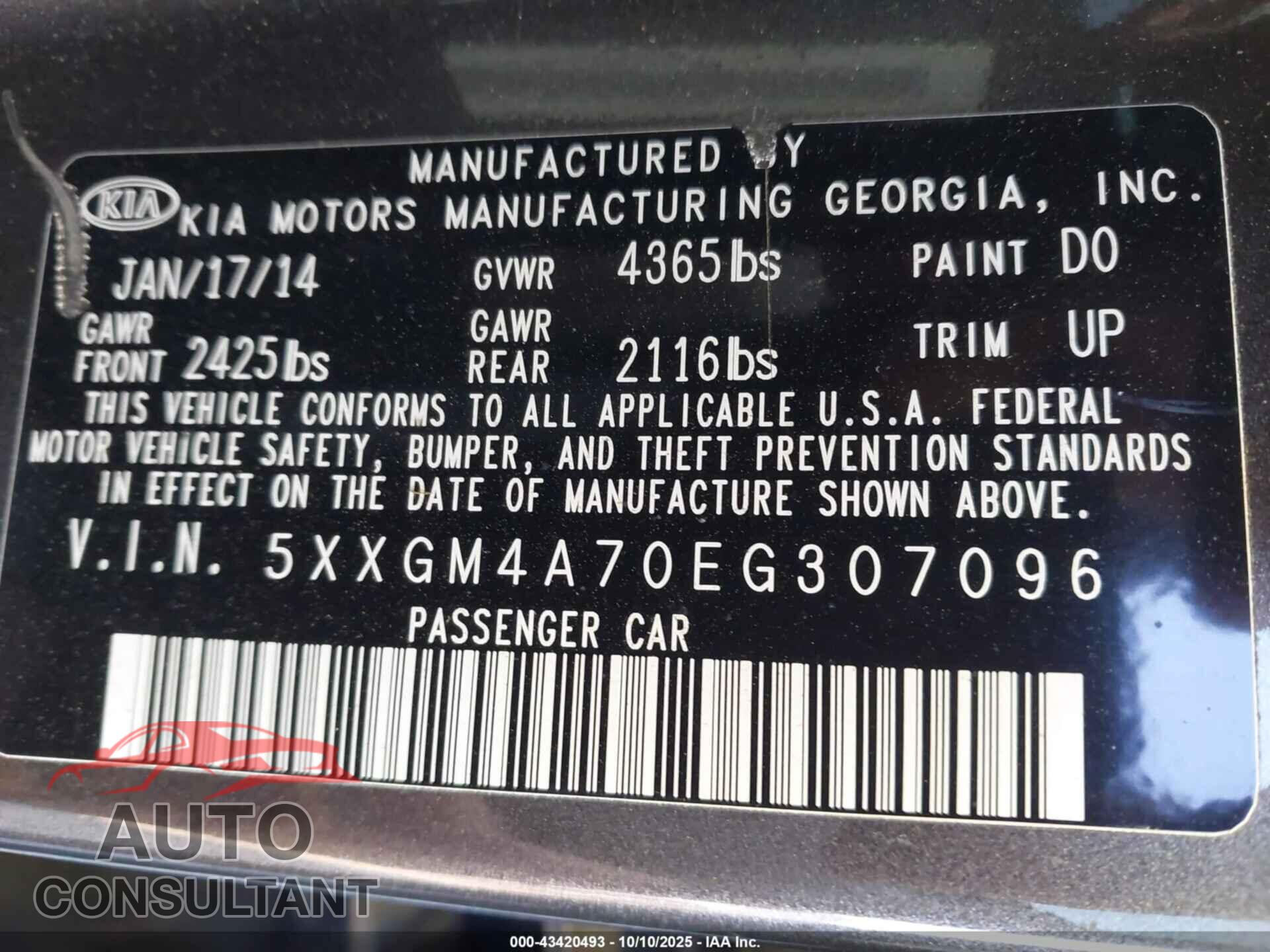 KIA OPTIMA 2014 - 5XXGM4A70EG307096