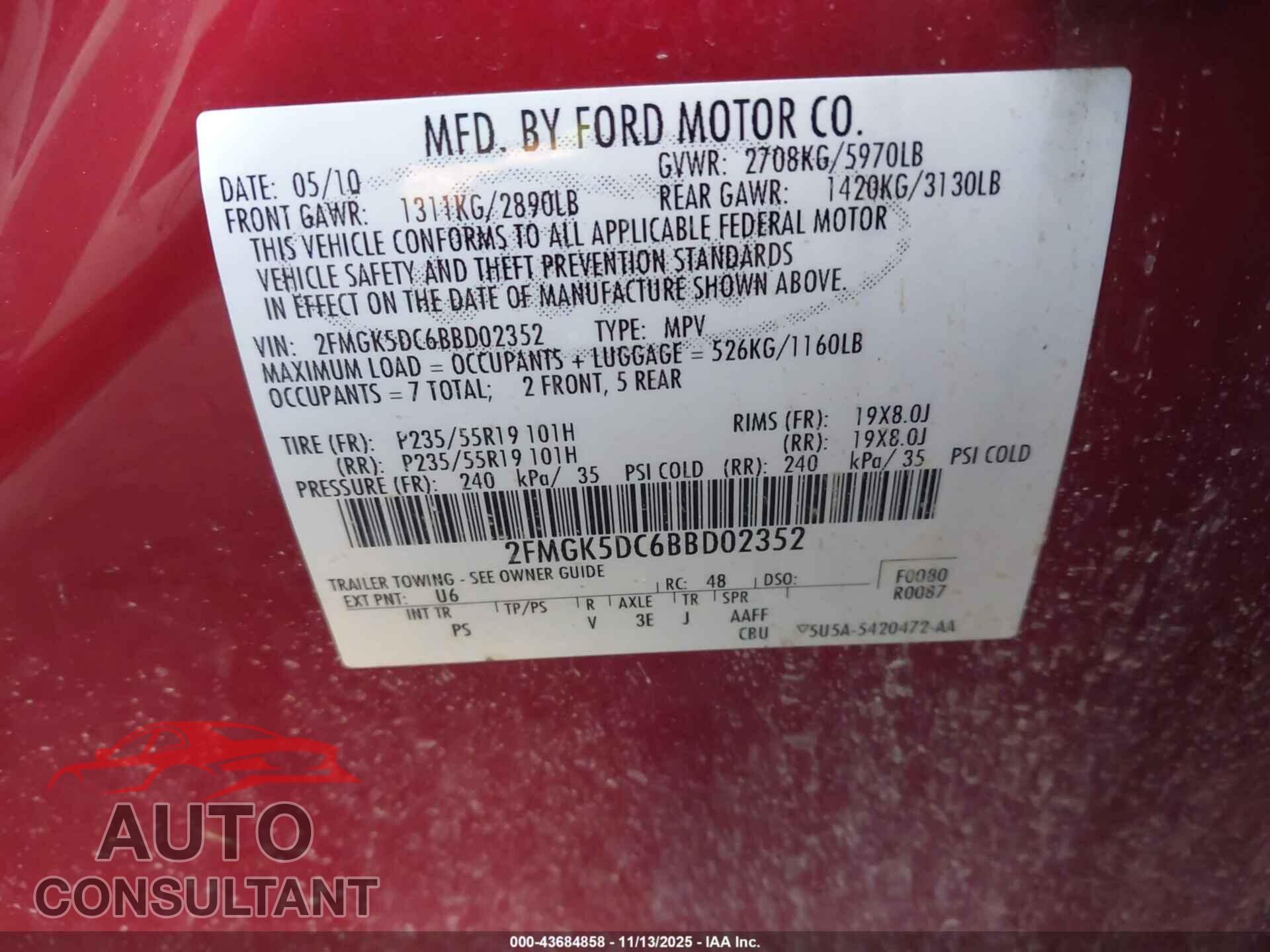 FORD FLEX 2011 - 2FMGK5DC6BBD02352