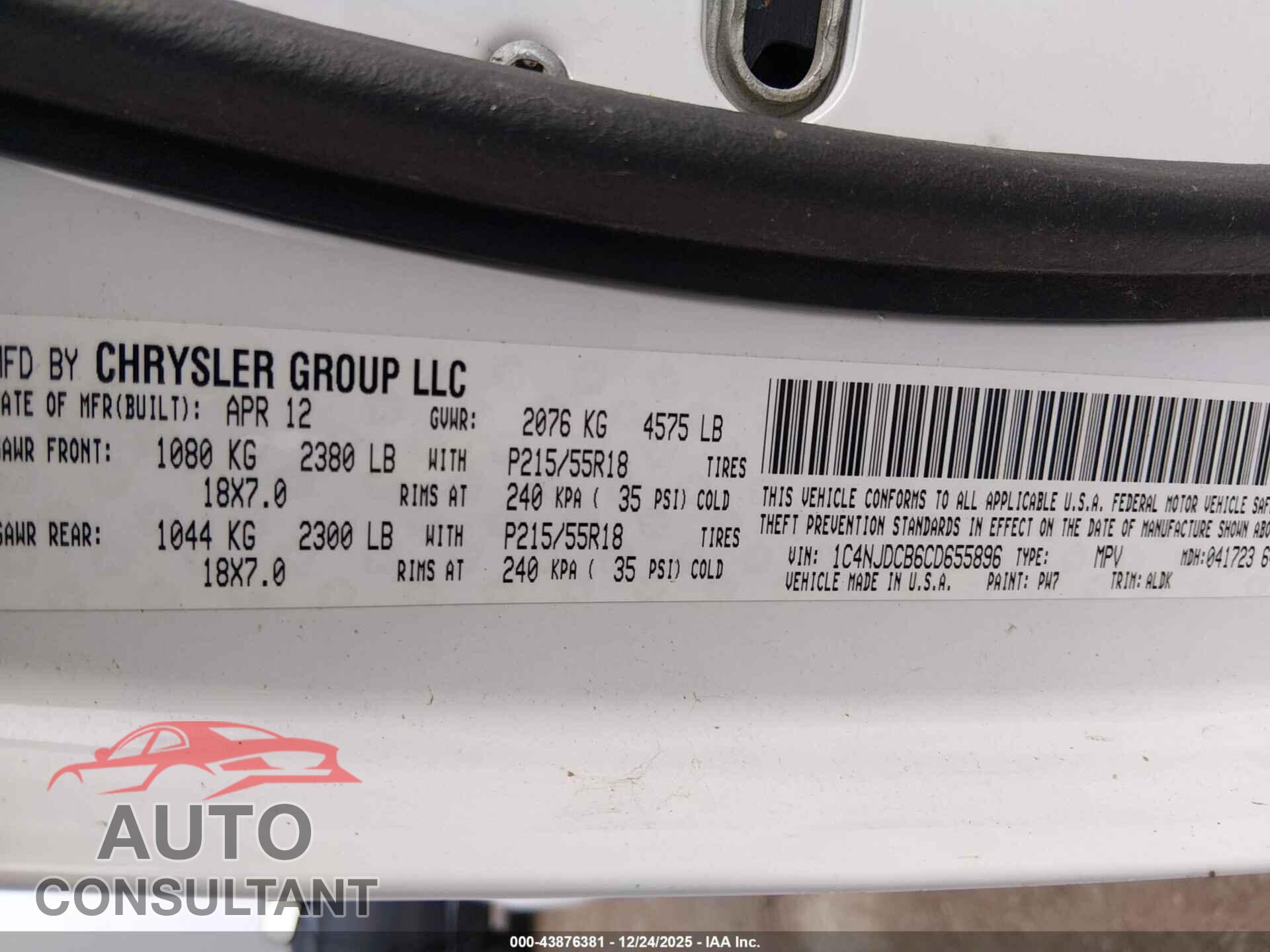 JEEP COMPASS 2012 - 1C4NJDCB6CD655896