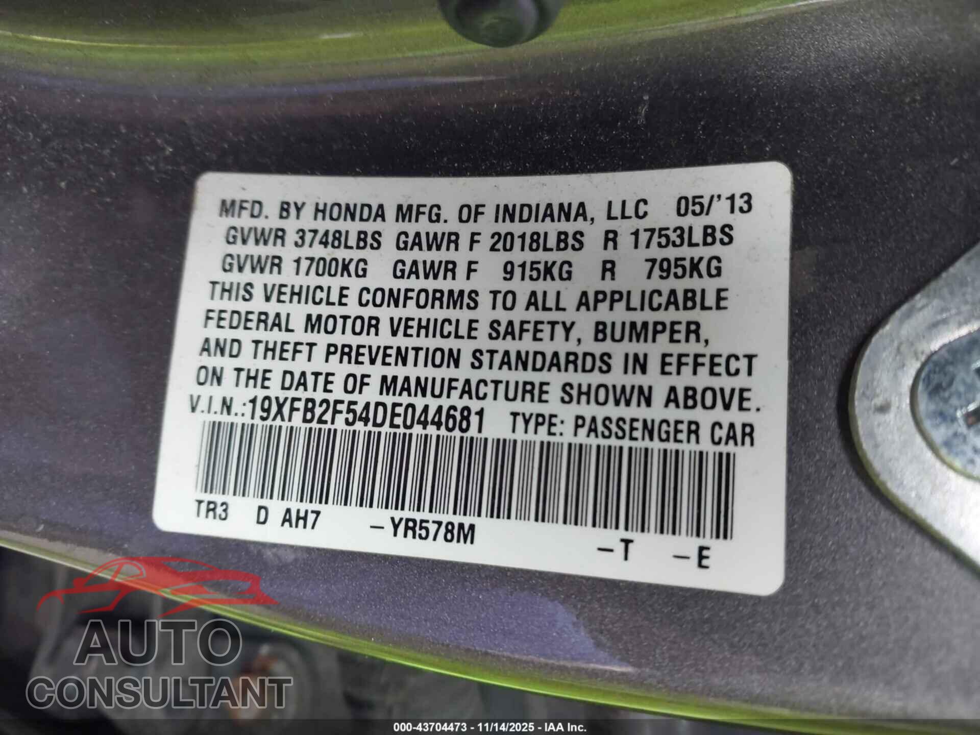 HONDA CIVIC 2013 - 19XFB2F54DE044681