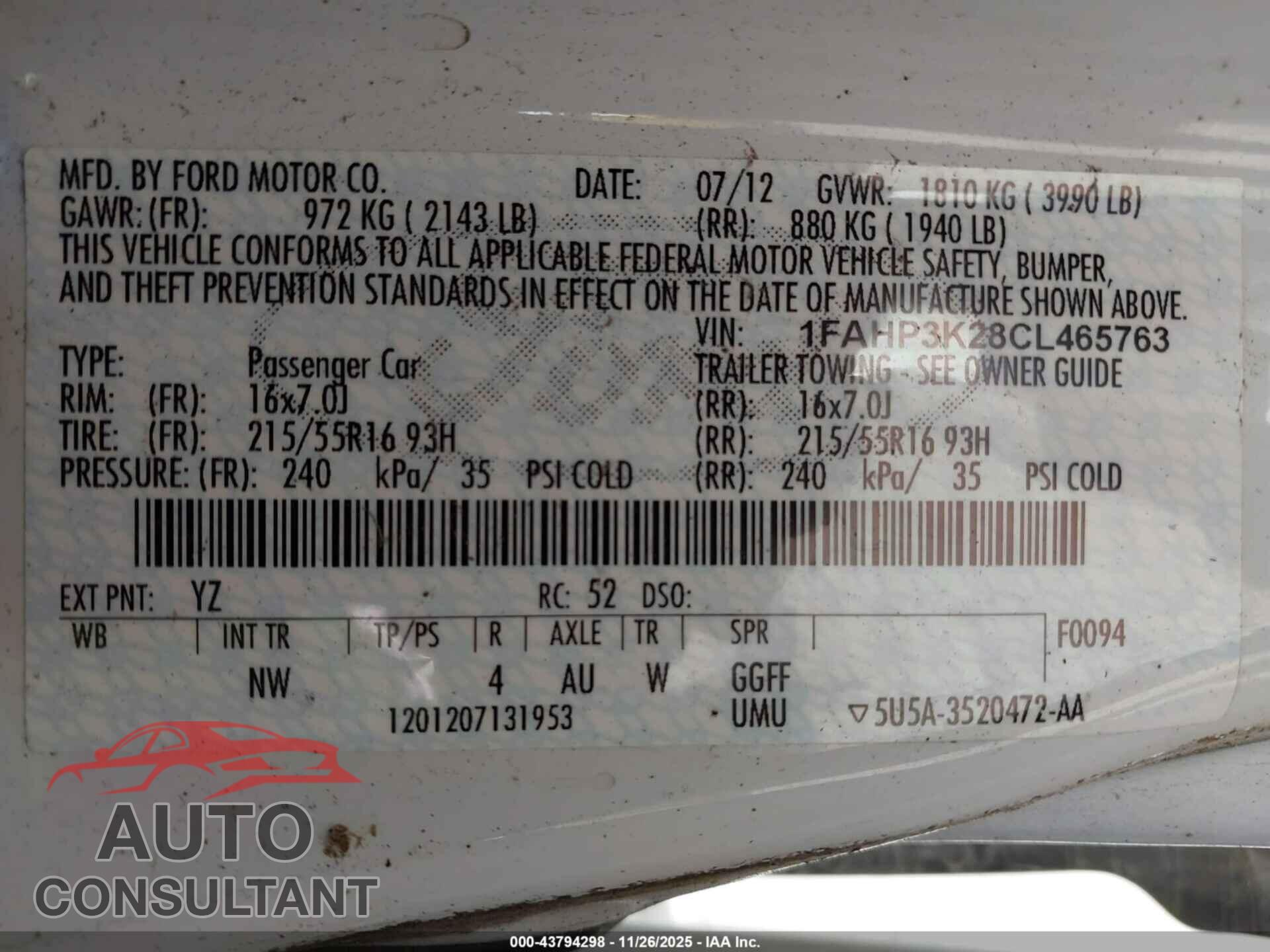 FORD FOCUS 2012 - 1FAHP3K28CL465763