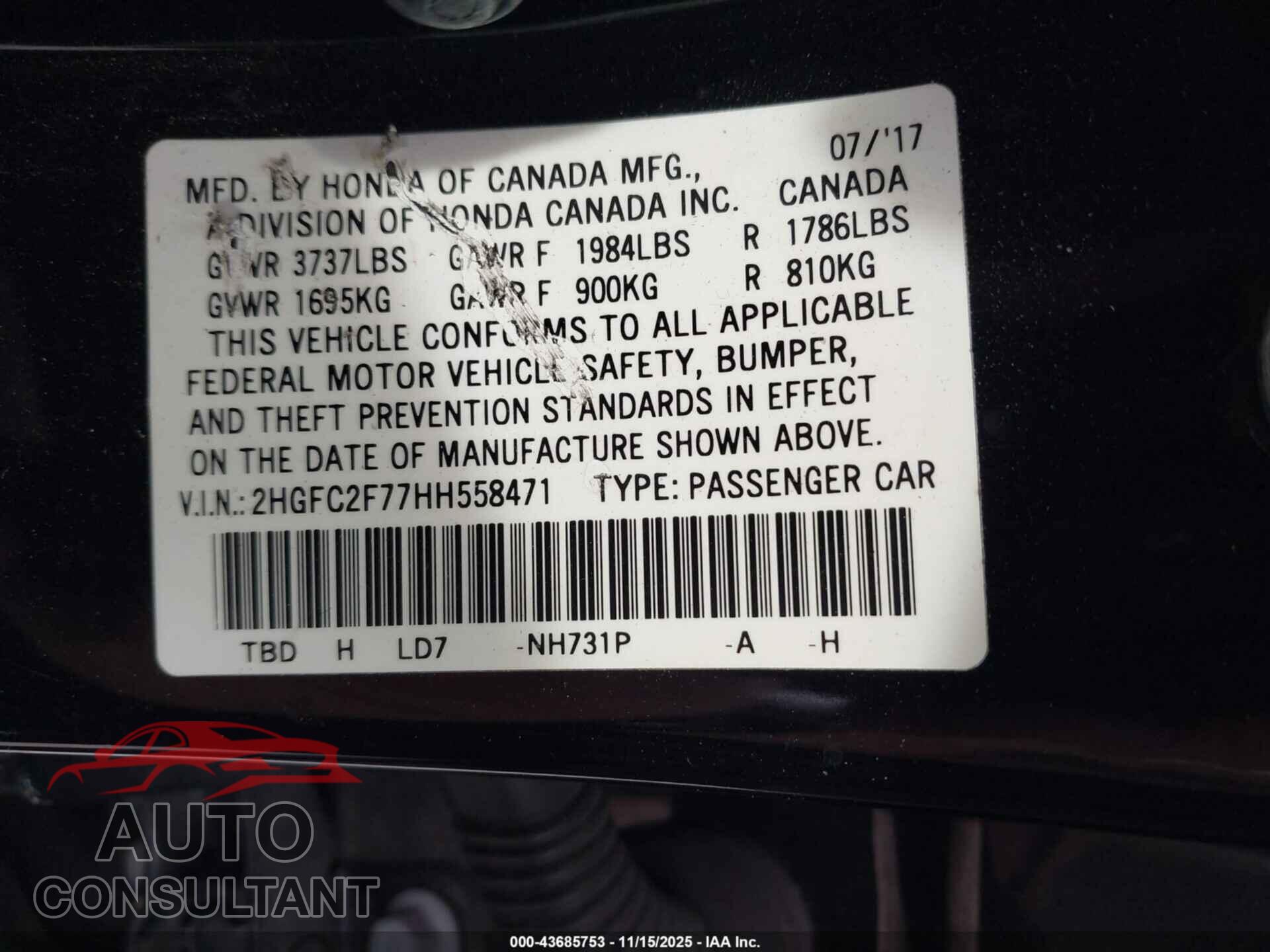HONDA CIVIC 2017 - 2HGFC2F77HH558471