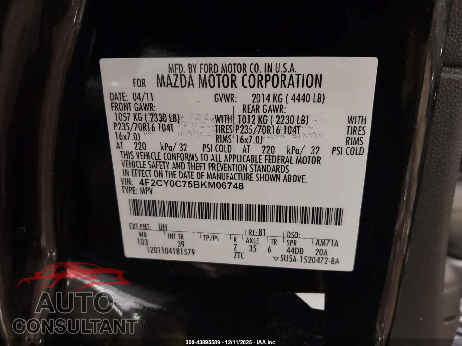 MAZDA TRIBUTE 2011 - 4F2CY0C75BKM06748