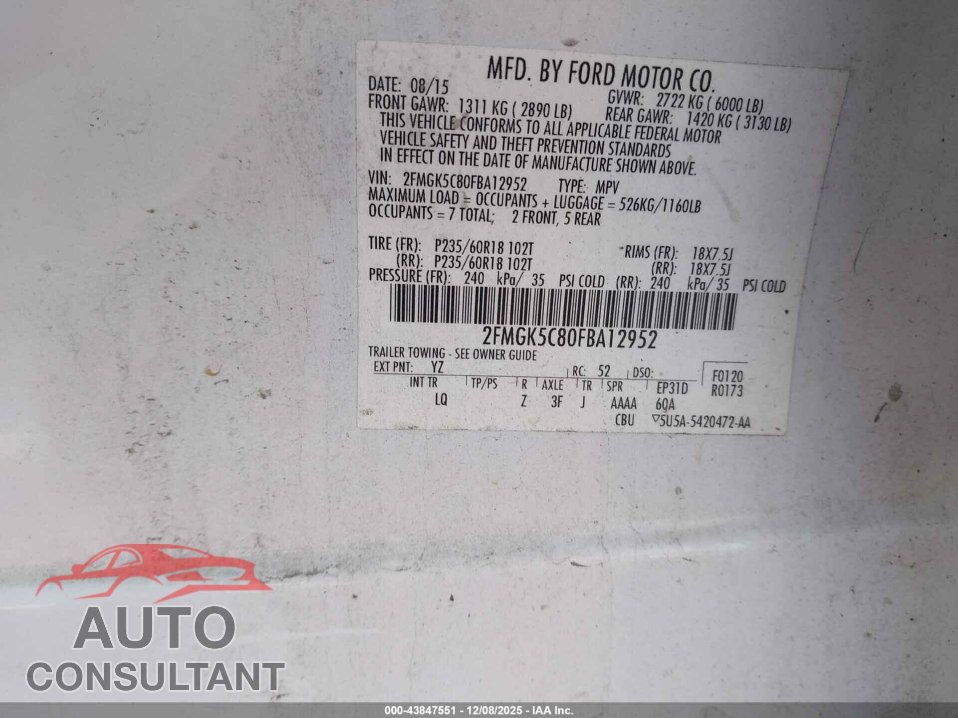 FORD FLEX 2015 - 2FMGK5C80FBA12952