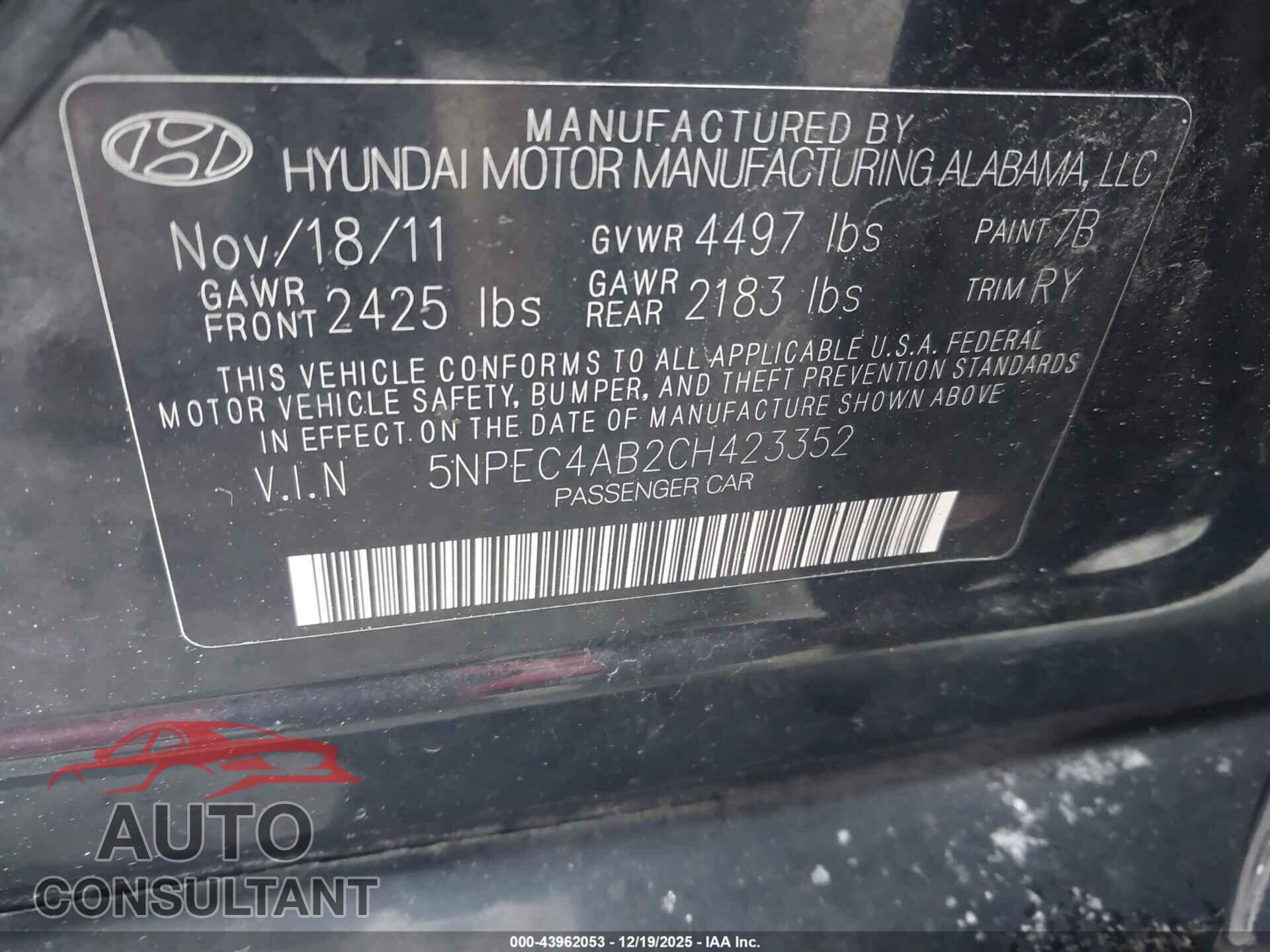 HYUNDAI SONATA 2012 - 5NPEC4AB2CH423352