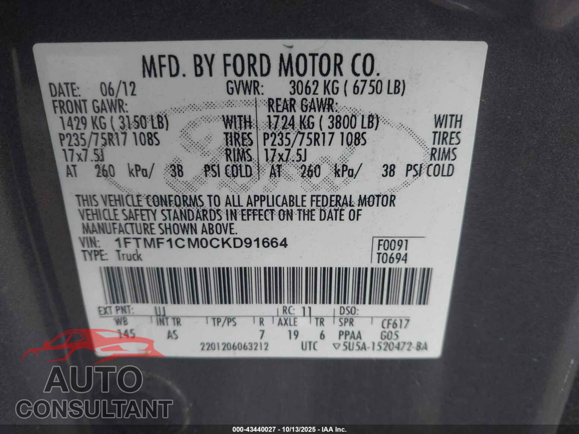 FORD F-150 2012 - 1FTMF1CM0CKD91664