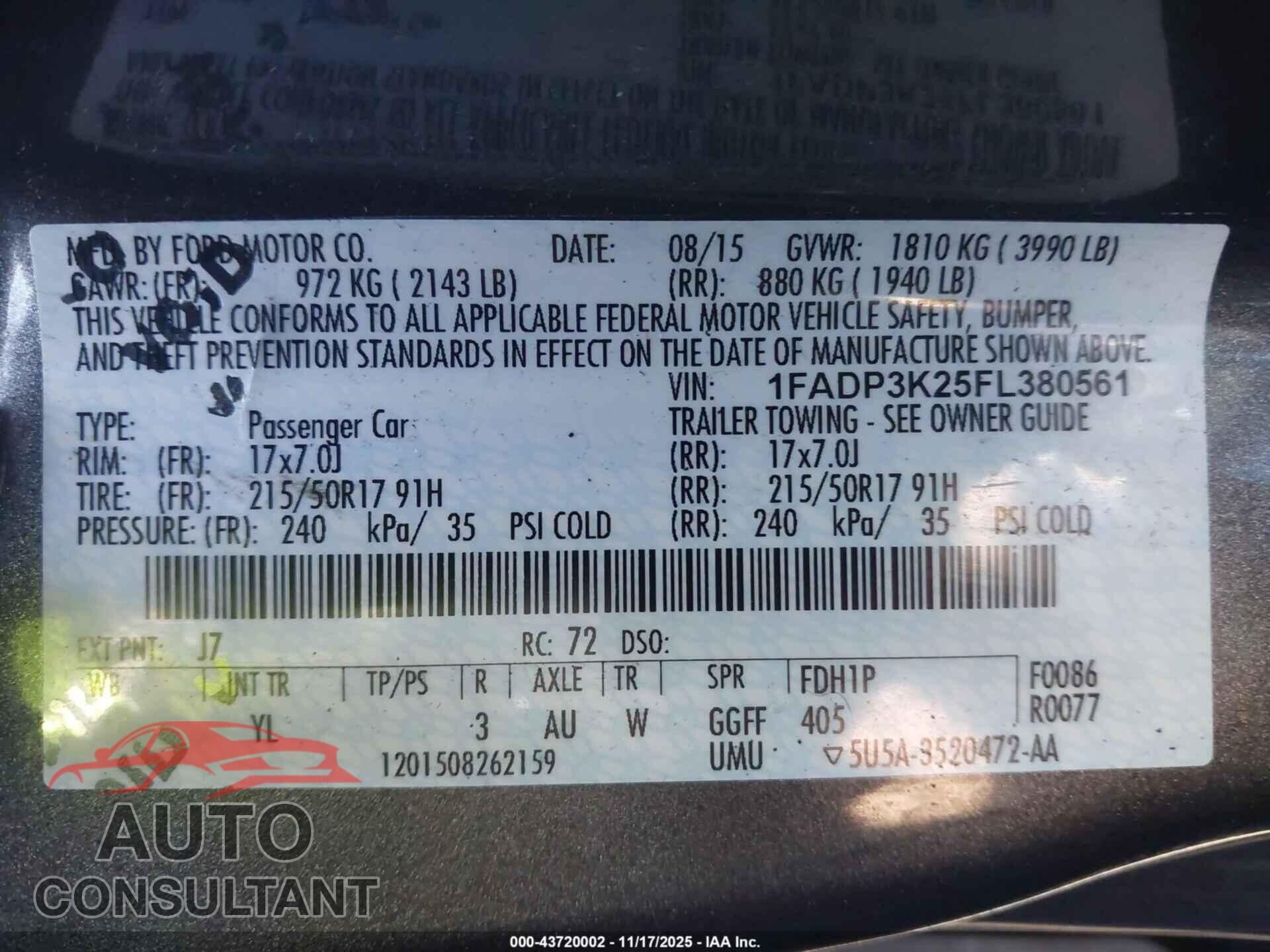 FORD FOCUS 2015 - 1FADP3K25FL380561