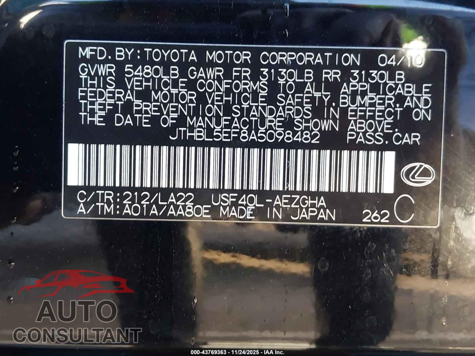 LEXUS LS 460 2010 - JTHBL5EF8A5098482