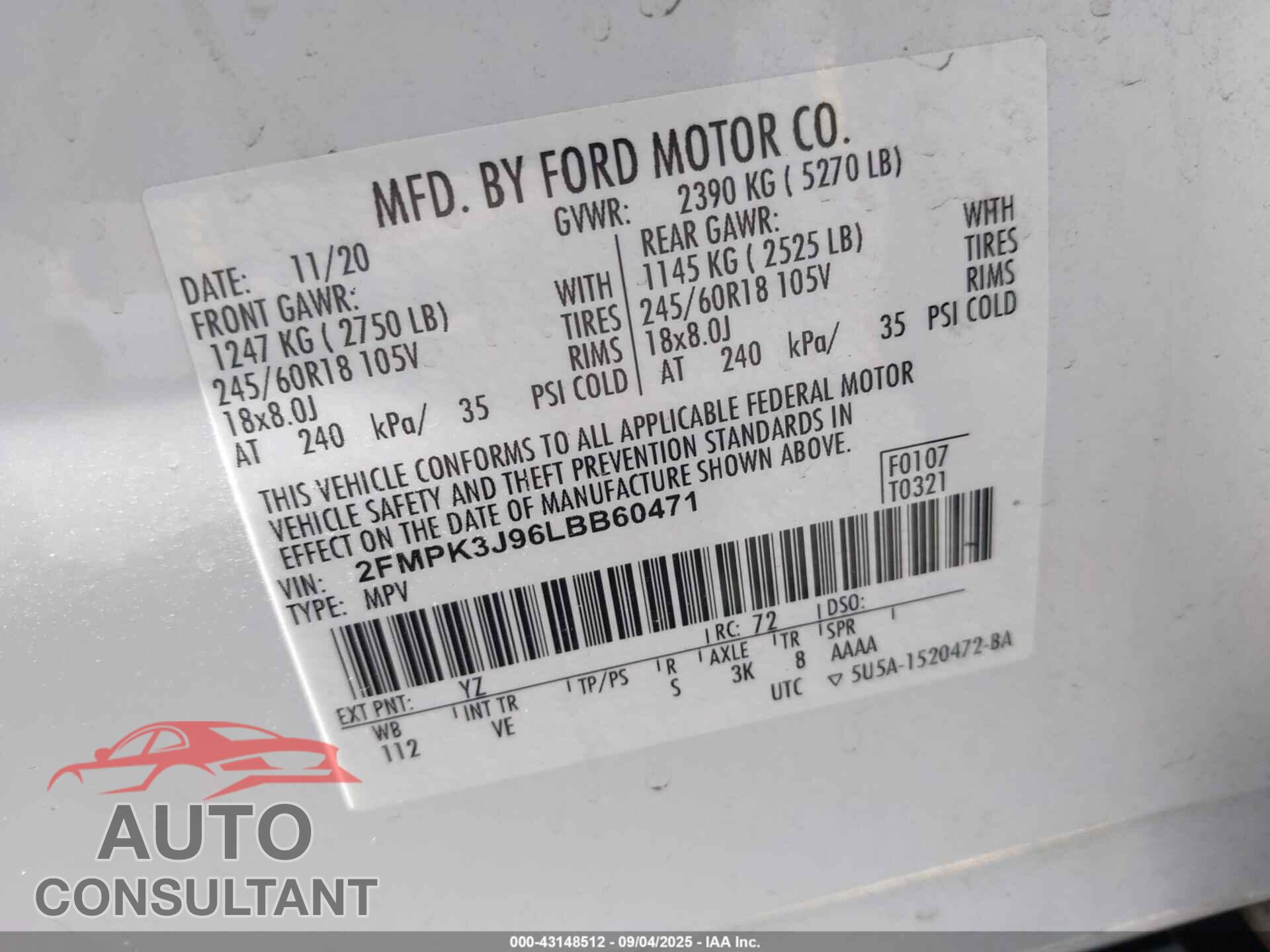 FORD EDGE 2020 - 2FMPK3J96LBB60471