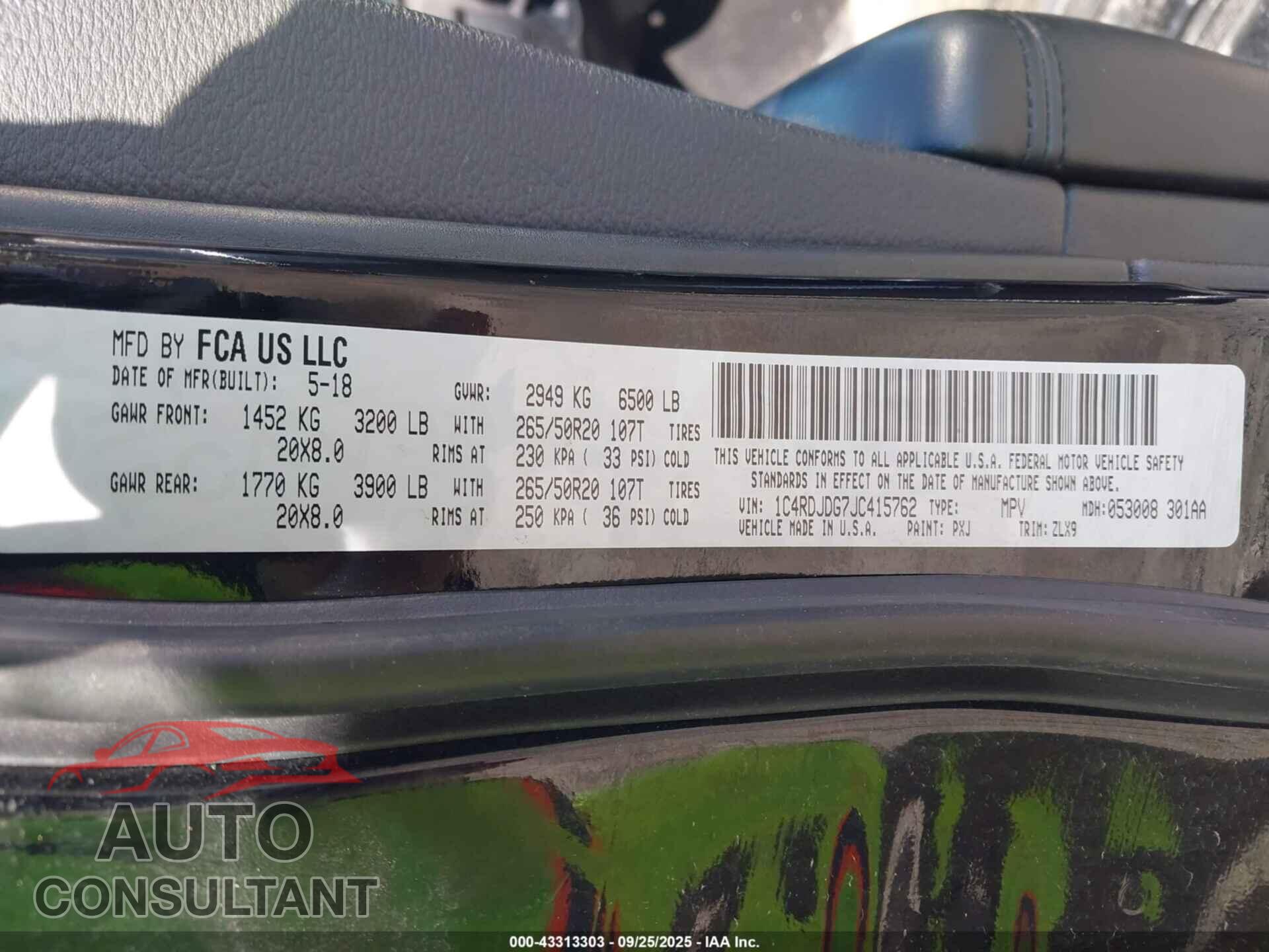 DODGE DURANGO 2018 - 1C4RDJDG7JC415762