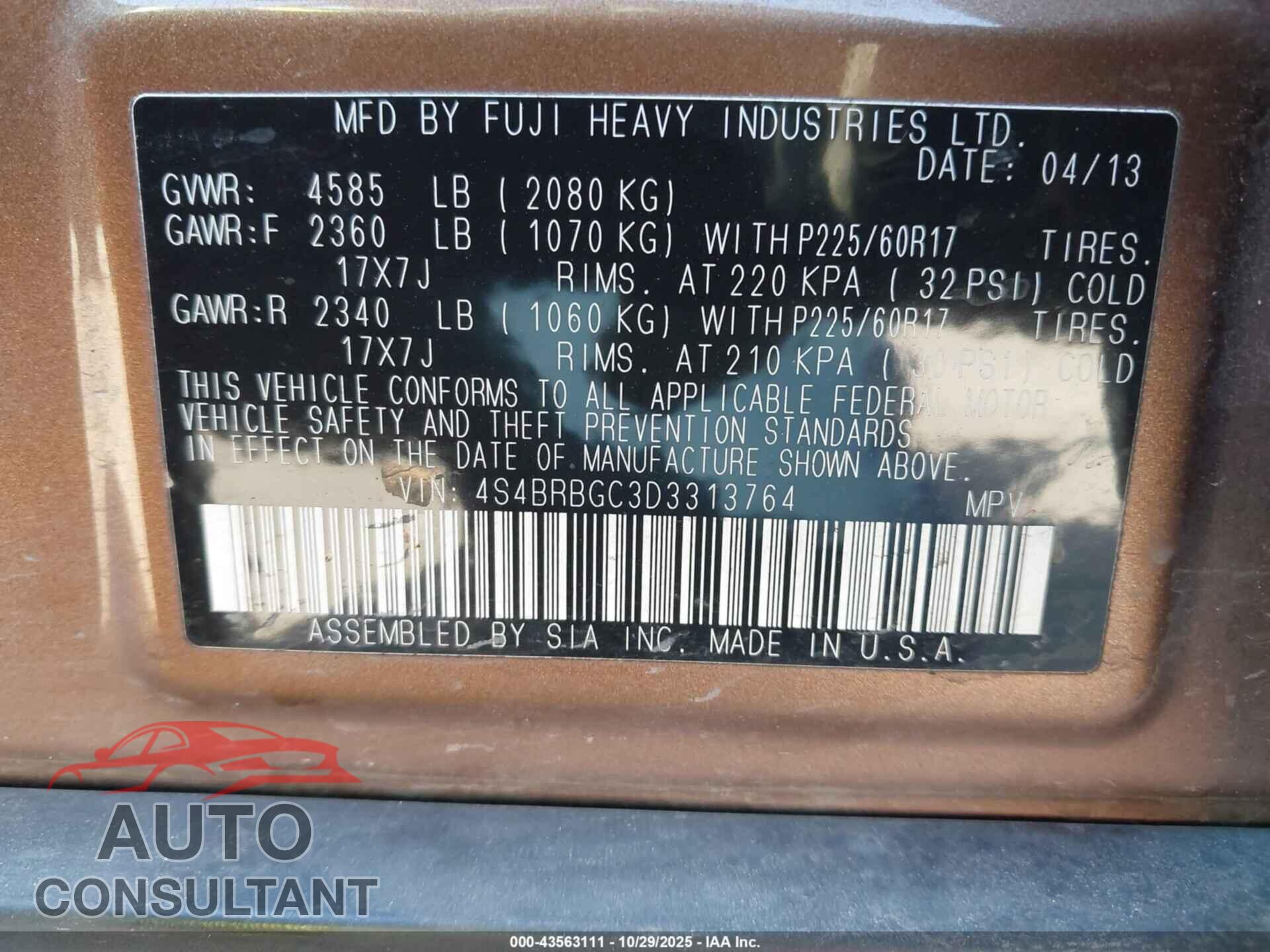 SUBARU OUTBACK 2013 - 4S4BRBGC3D3313764