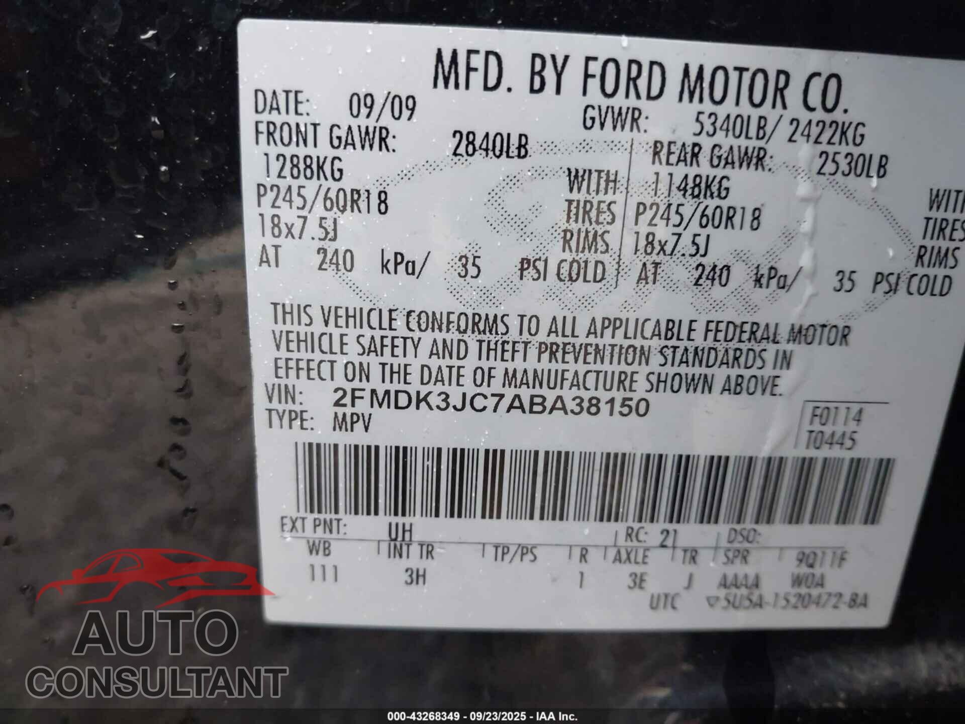 FORD EDGE 2010 - 2FMDK3JC7ABA38150
