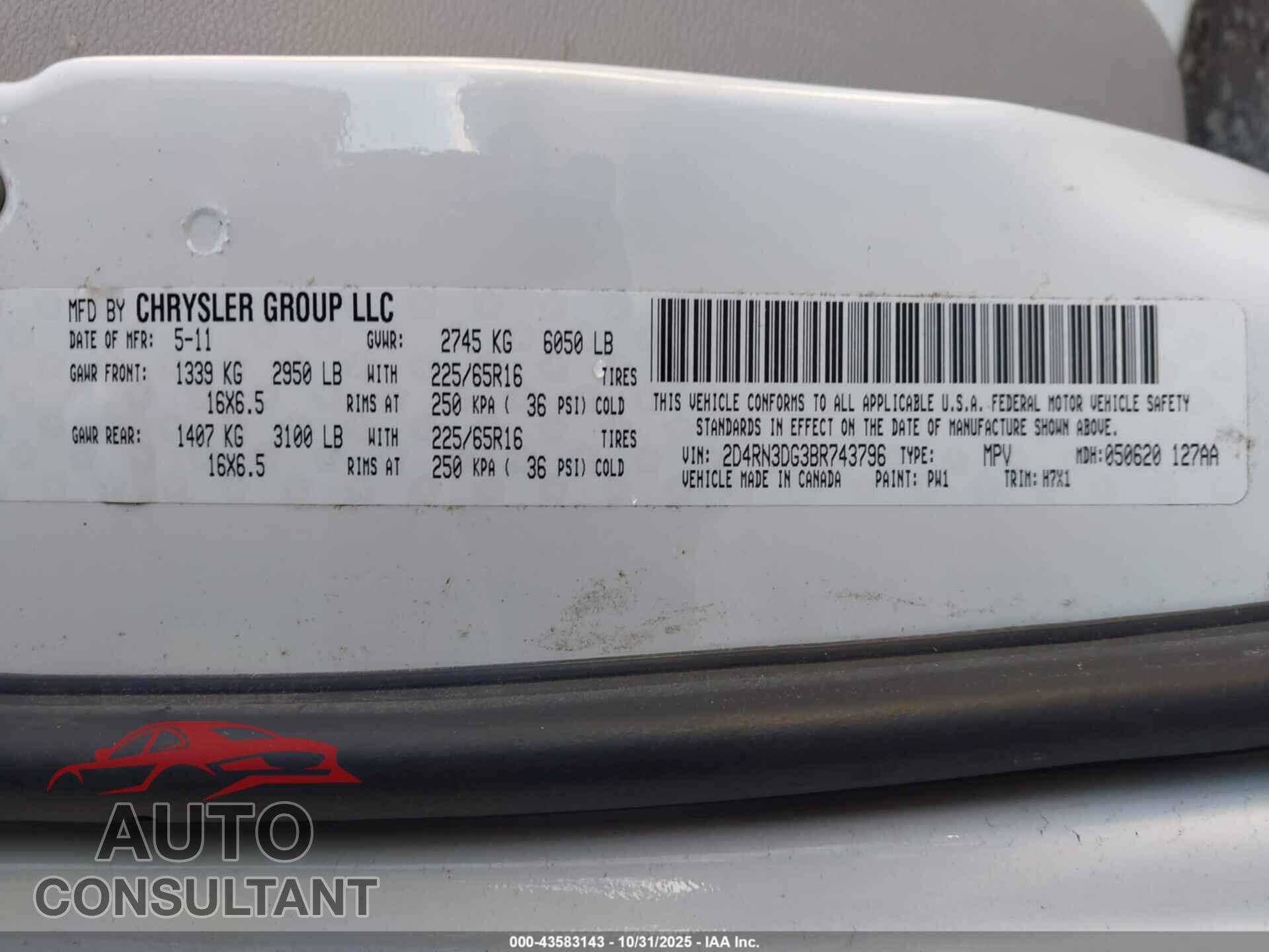 DODGE GRAND CARAVAN 2011 - 2D4RN3DG3BR743796