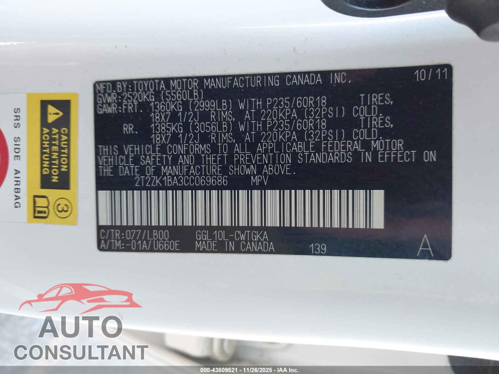 LEXUS RX 350 2012 - 2T2ZK1BA3CC069686