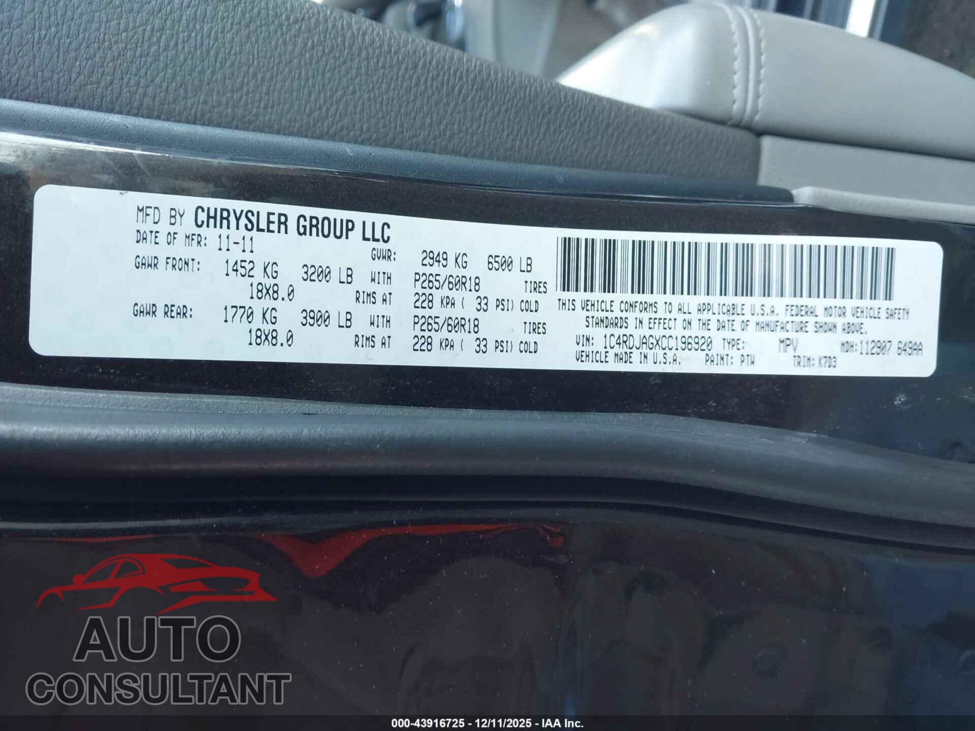 DODGE DURANGO 2012 - 1C4RDJAGXCC196920