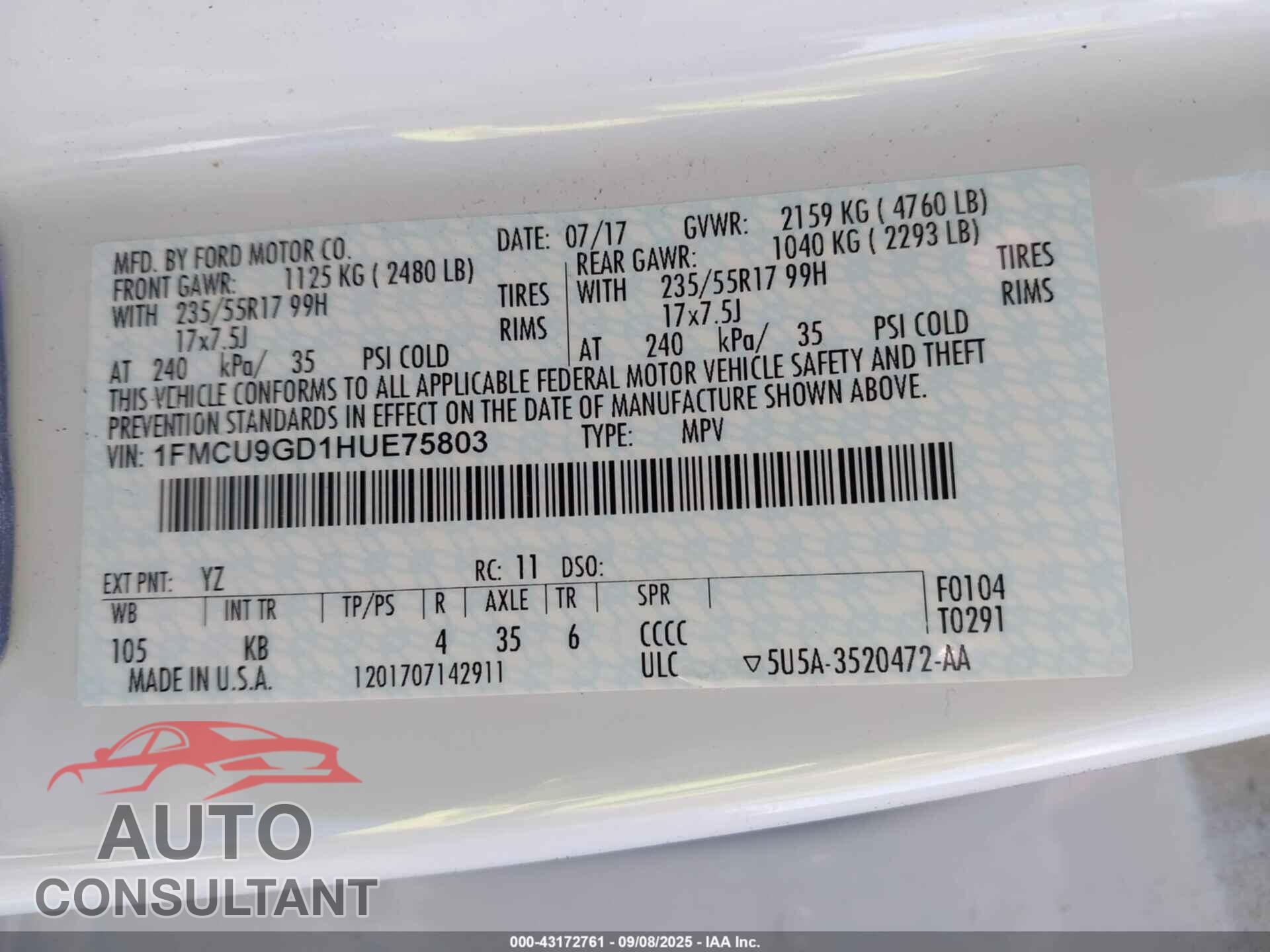 FORD ESCAPE 2017 - 1FMCU9GD1HUE75803