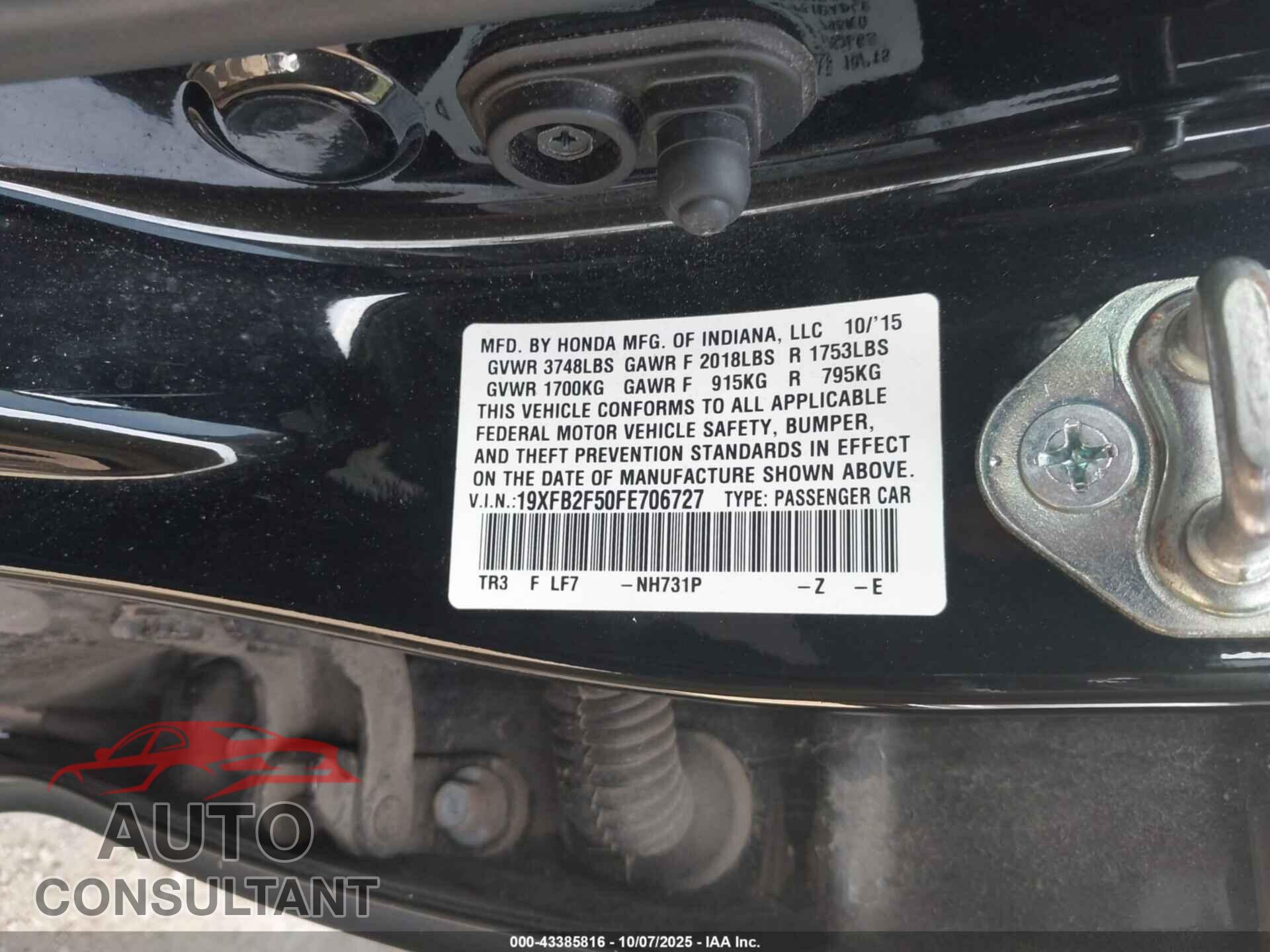 HONDA CIVIC 2015 - 19XFB2F50FE706727